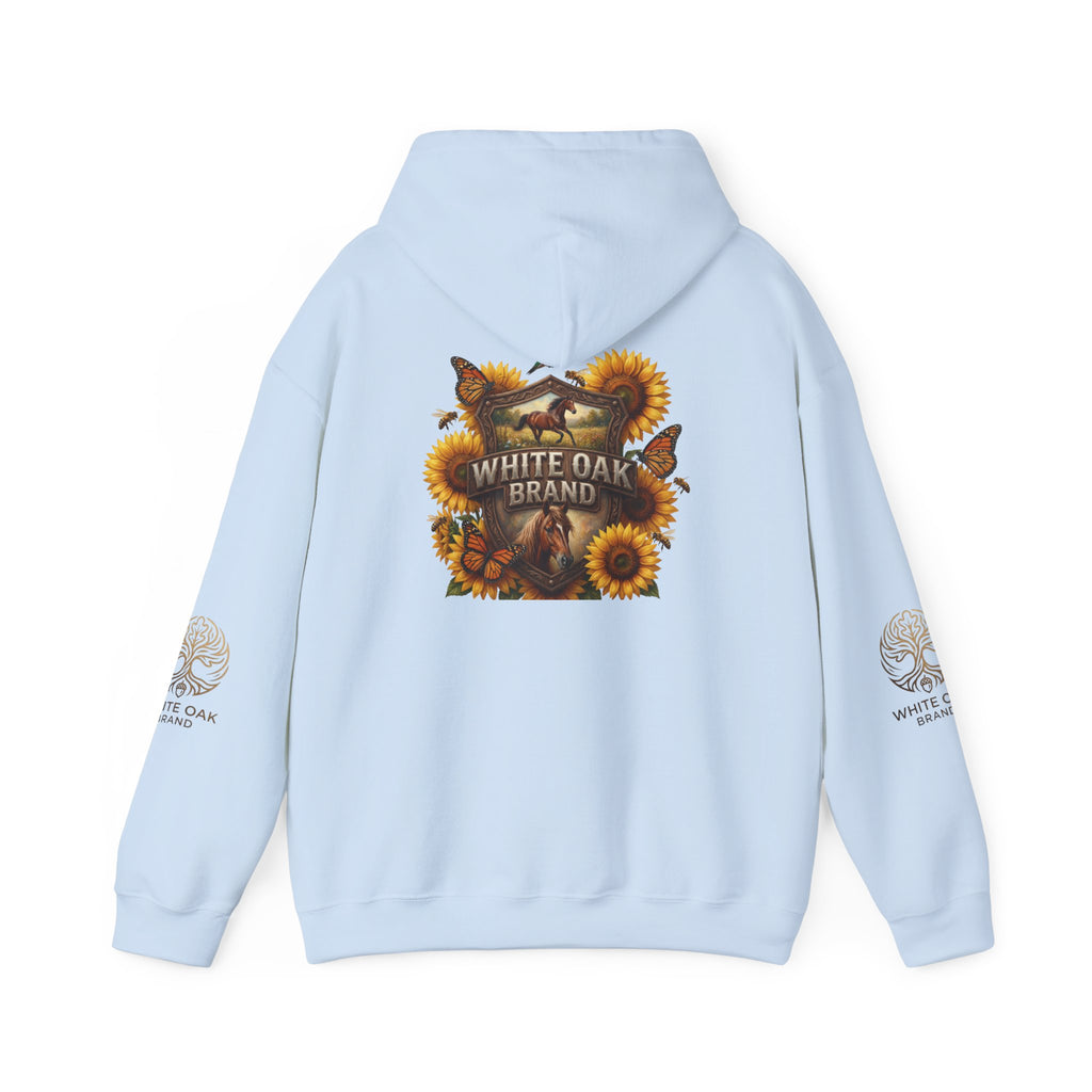 White Oak Brand Hoodie — Sunflowers, Fox & Rustic Nature Graphic
