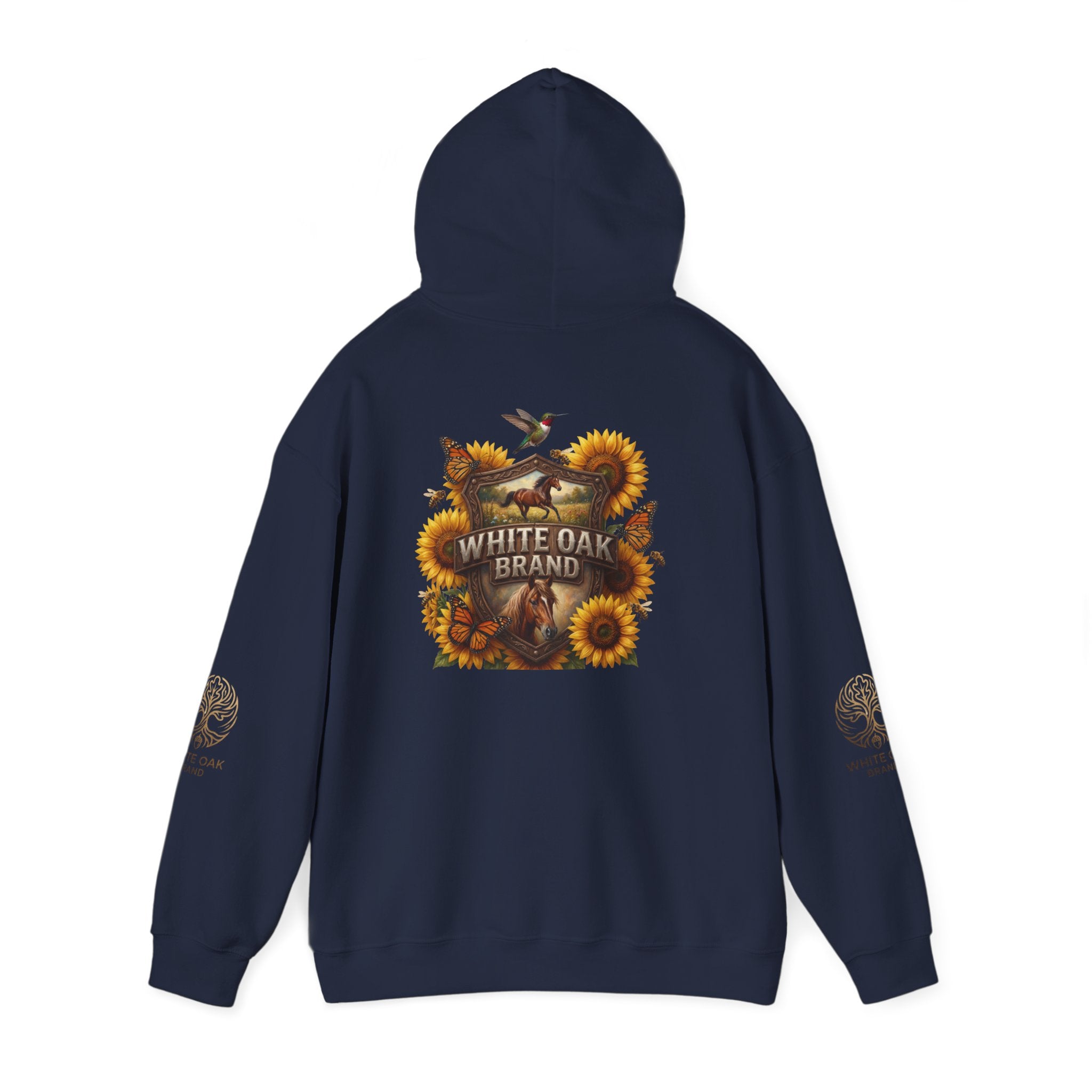 White Oak Brand Hoodie — Sunflowers, Fox & Rustic Nature Graphic