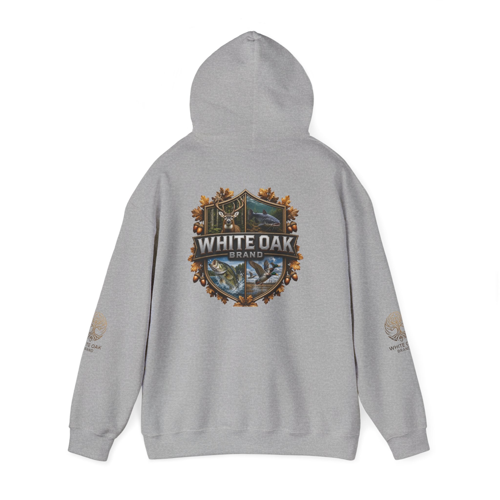 White Oak Brand Hoodie – Nature Logo Pullover with Scenic Back Emblem