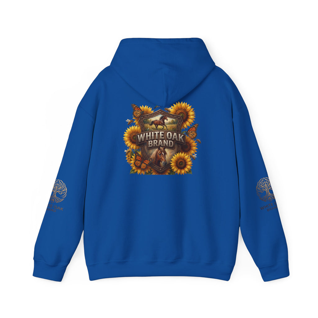 White Oak Brand Hoodie — Sunflowers, Fox & Rustic Nature Graphic