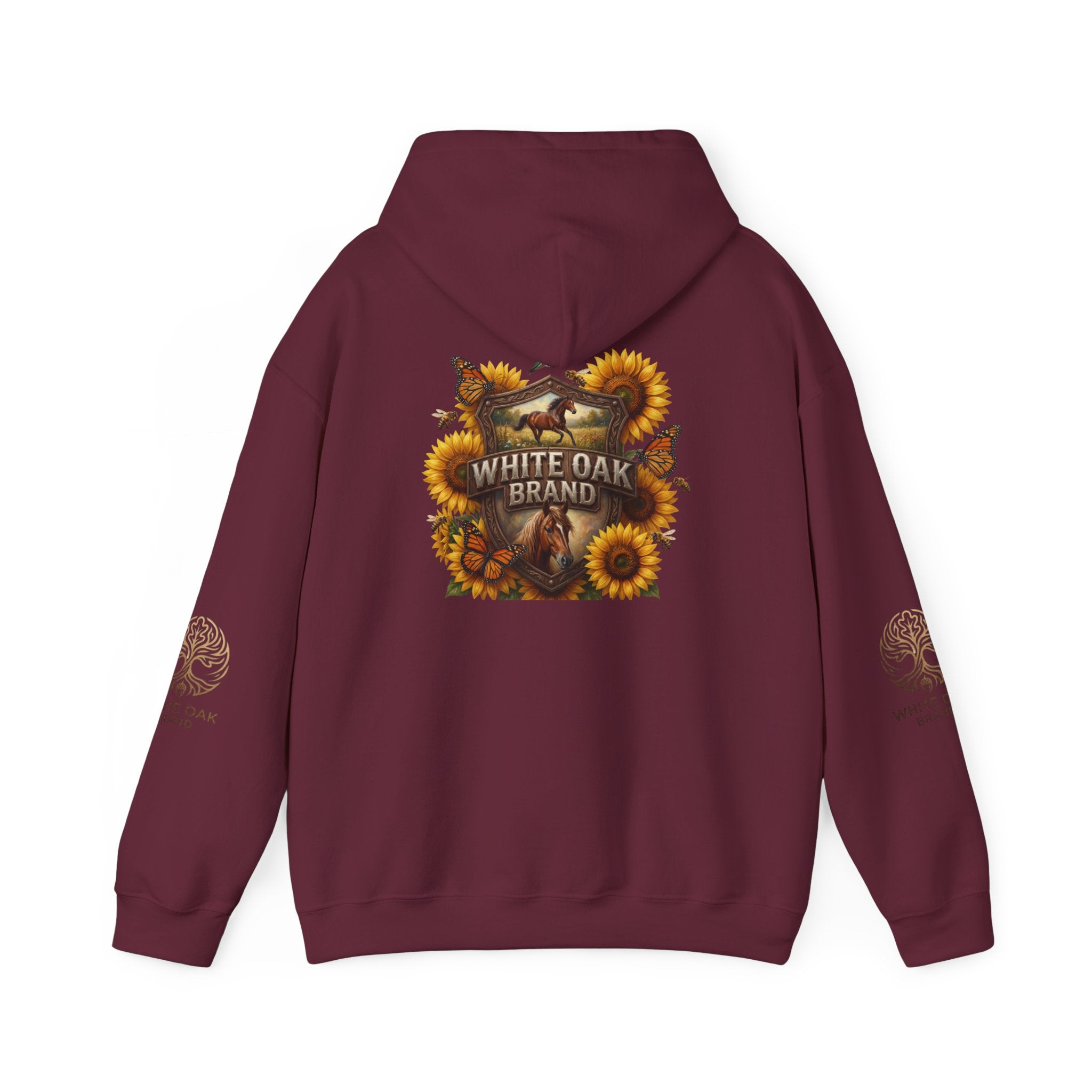 White Oak Brand Hoodie — Sunflowers, Fox & Rustic Nature Graphic