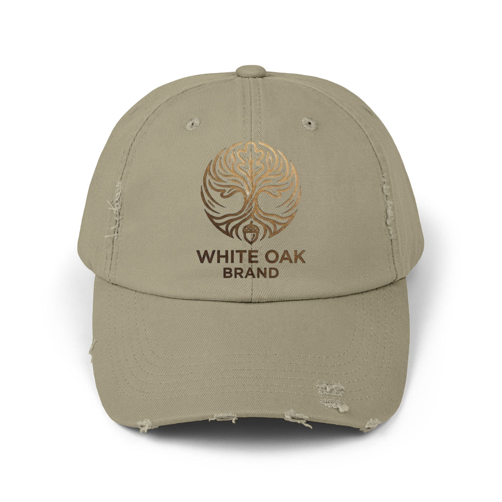 White Oak Distressed Cap — Rustic Gold Tree Logo Baseball Hat