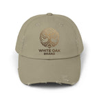 White Oak Distressed Cap — Rustic Gold Tree Logo Baseball Hat