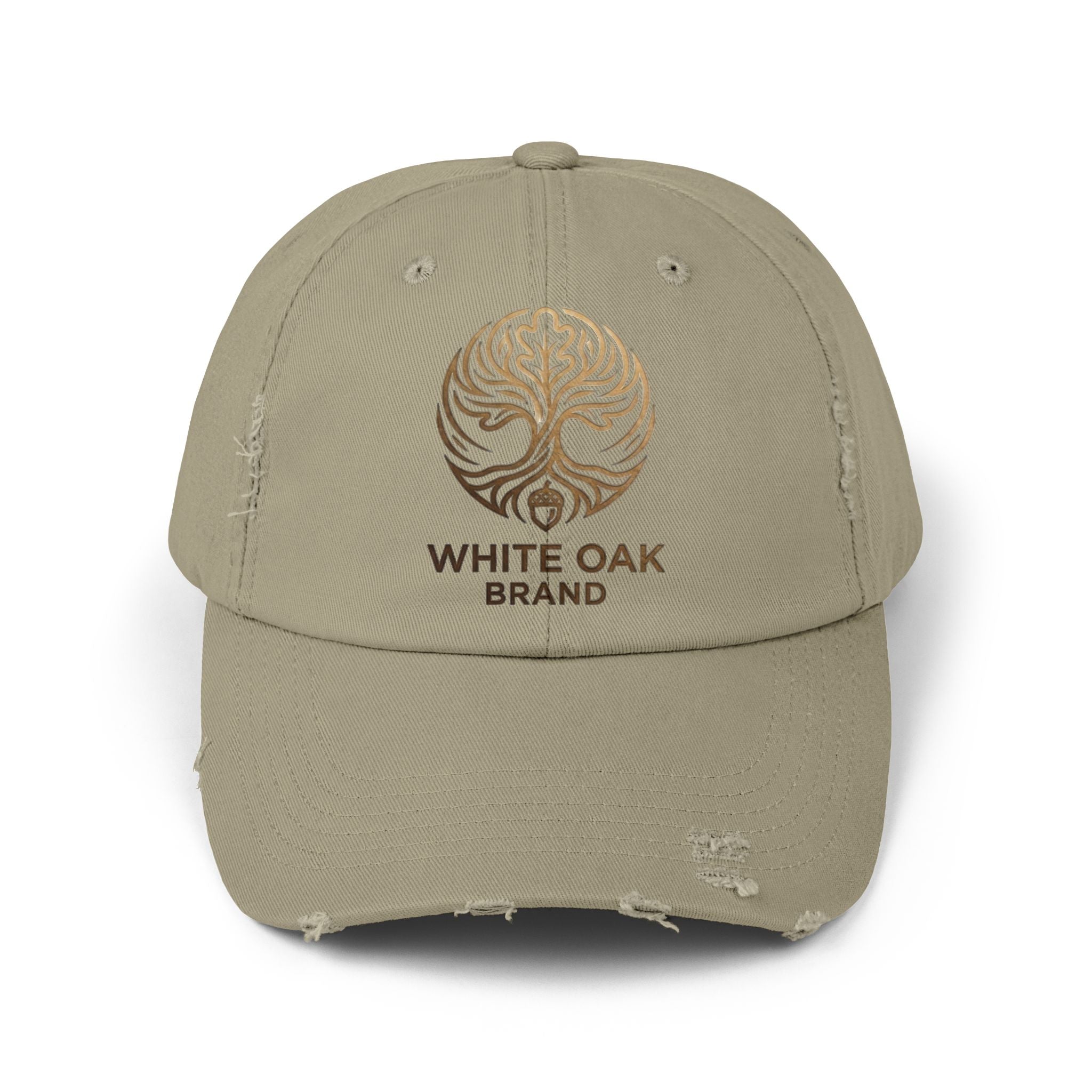White Oak Distressed Cap — Rustic Gold Tree Logo Baseball Hat