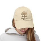 White Oak Distressed Cap — Rustic Gold Tree Logo Baseball Hat