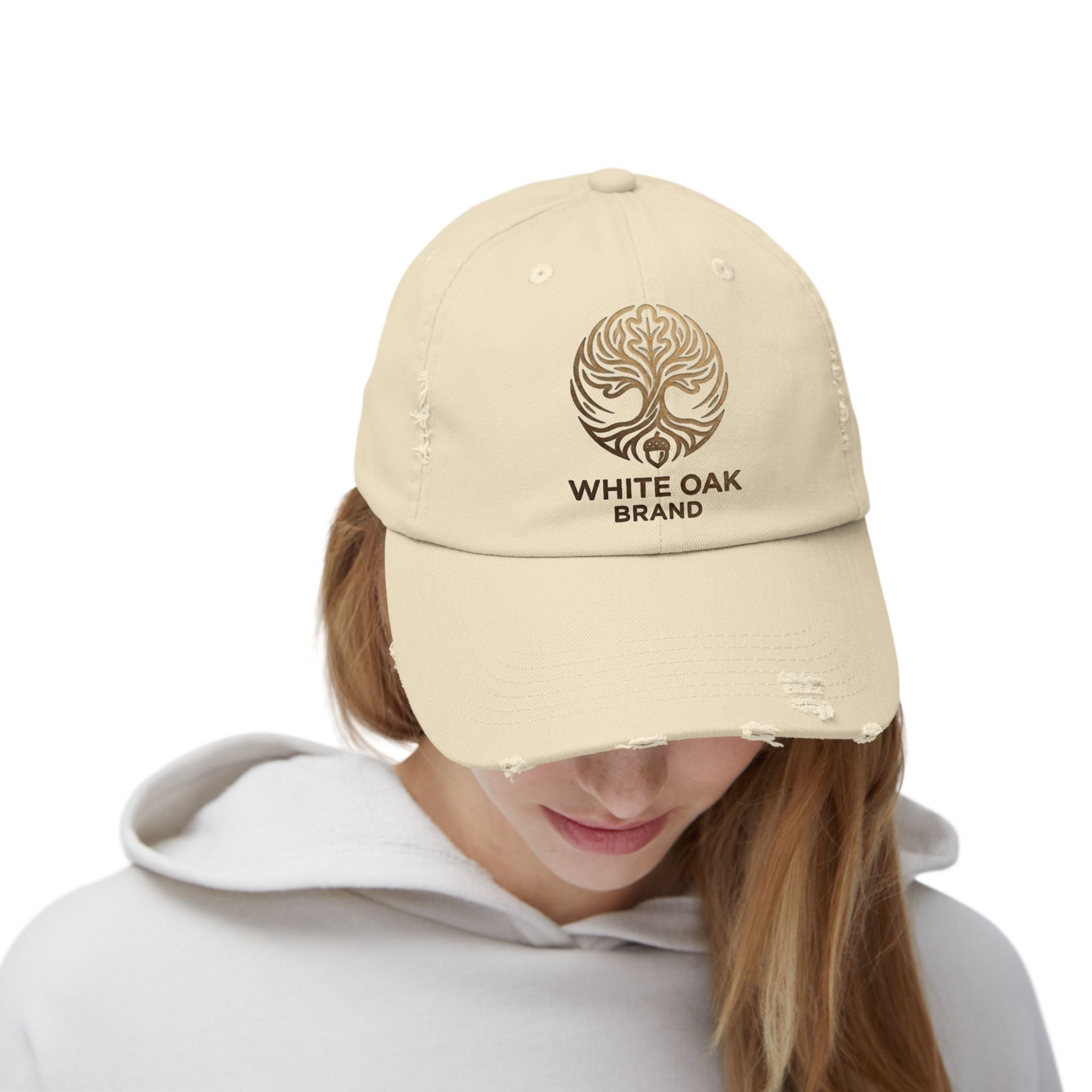 White Oak Distressed Cap — Rustic Gold Tree Logo Baseball Hat