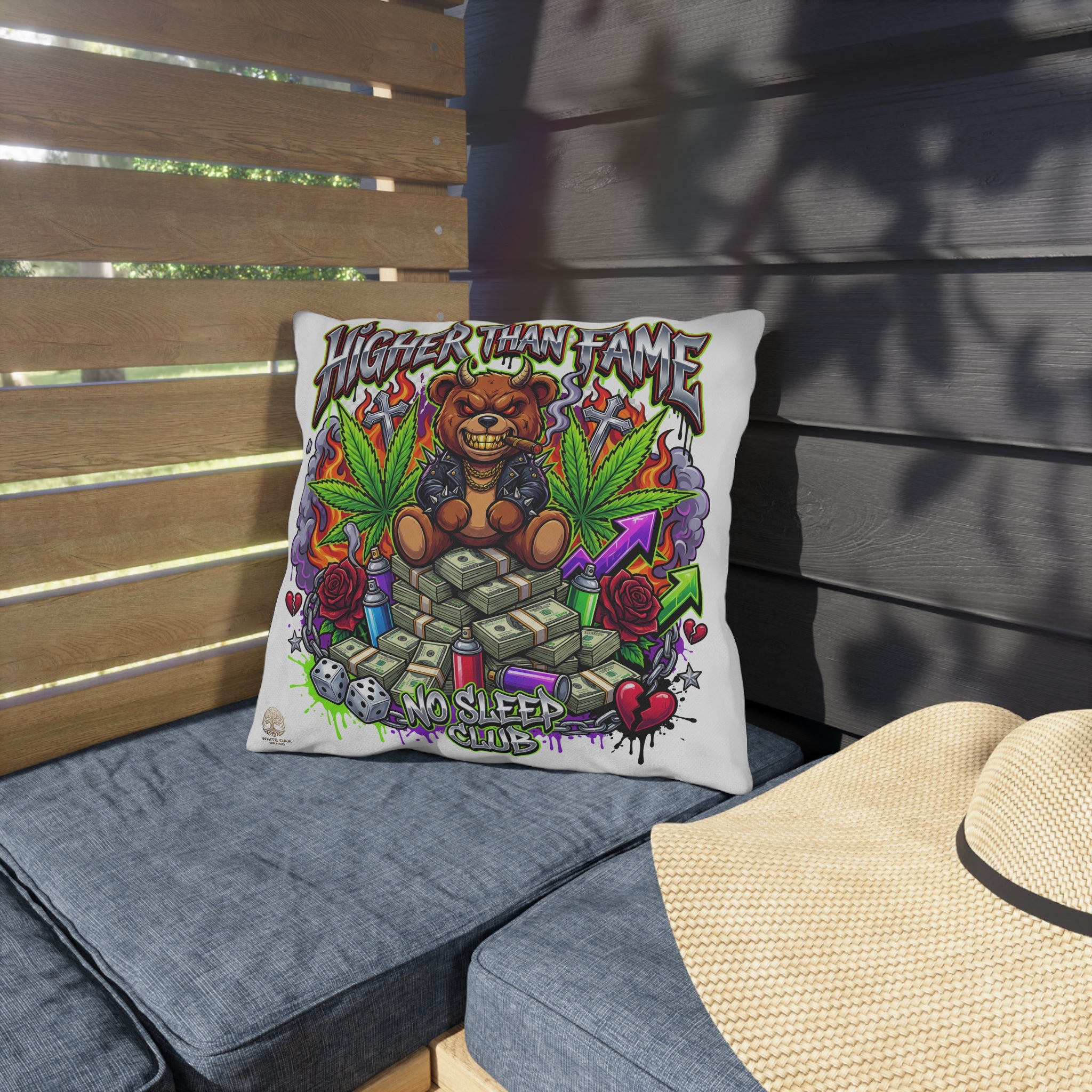 Higher Than Fame Outdoor Pillow — Bear on Money Graphic with "No Sleep Club"
