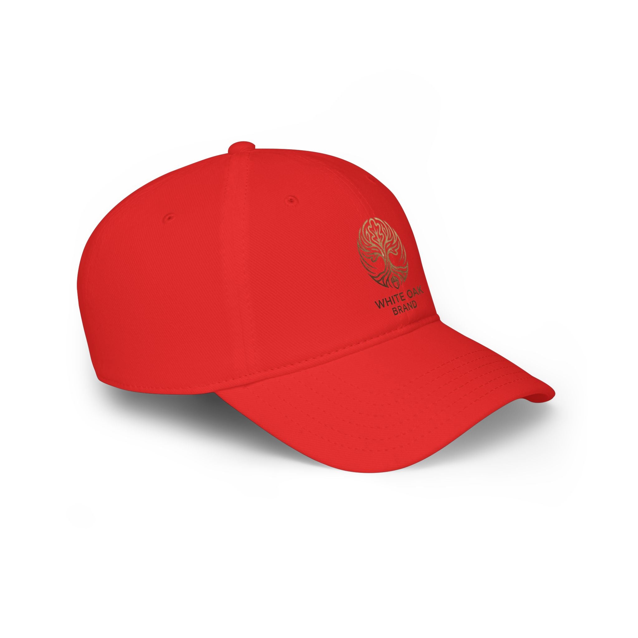 Red Low-Profile Baseball Cap — Gold White Oak Brand Tree Logo