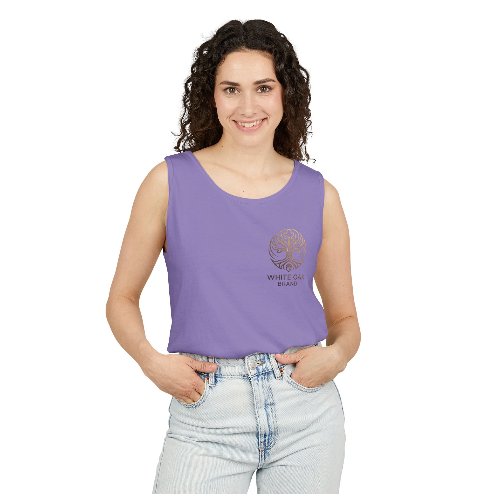 White Oak Brand Tank Top — Minimal Tree Logo Chest Print