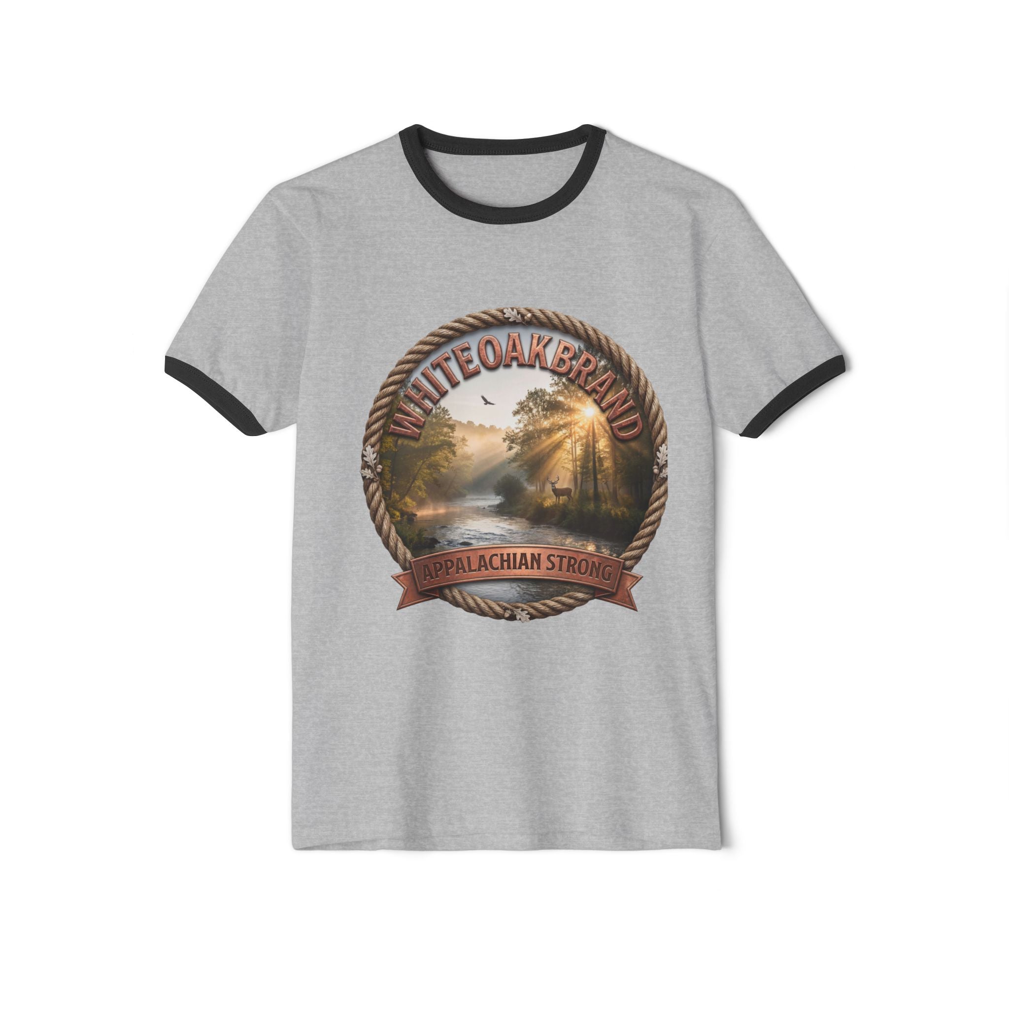 Vintage White Oak Brand Ringer Tee — Woodland Scenic Logo T‑Shirt