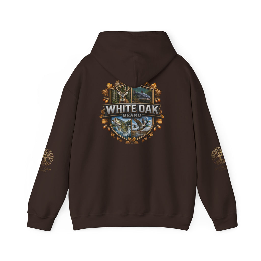 White Oak Brand Hoodie – Nature Logo Pullover with Scenic Back Emblem