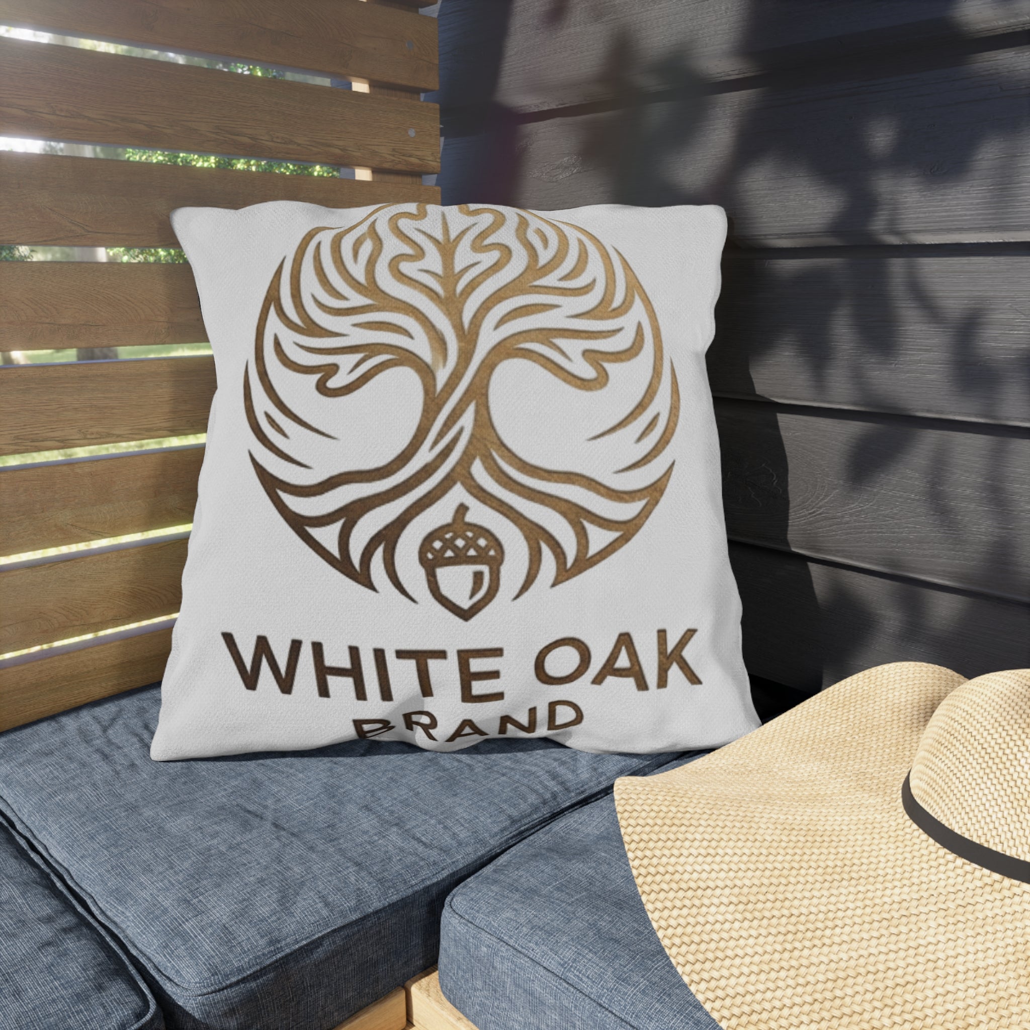 White Oak Brand Outdoor Pillow – Rustic Tree & Acorn Patio Cushion