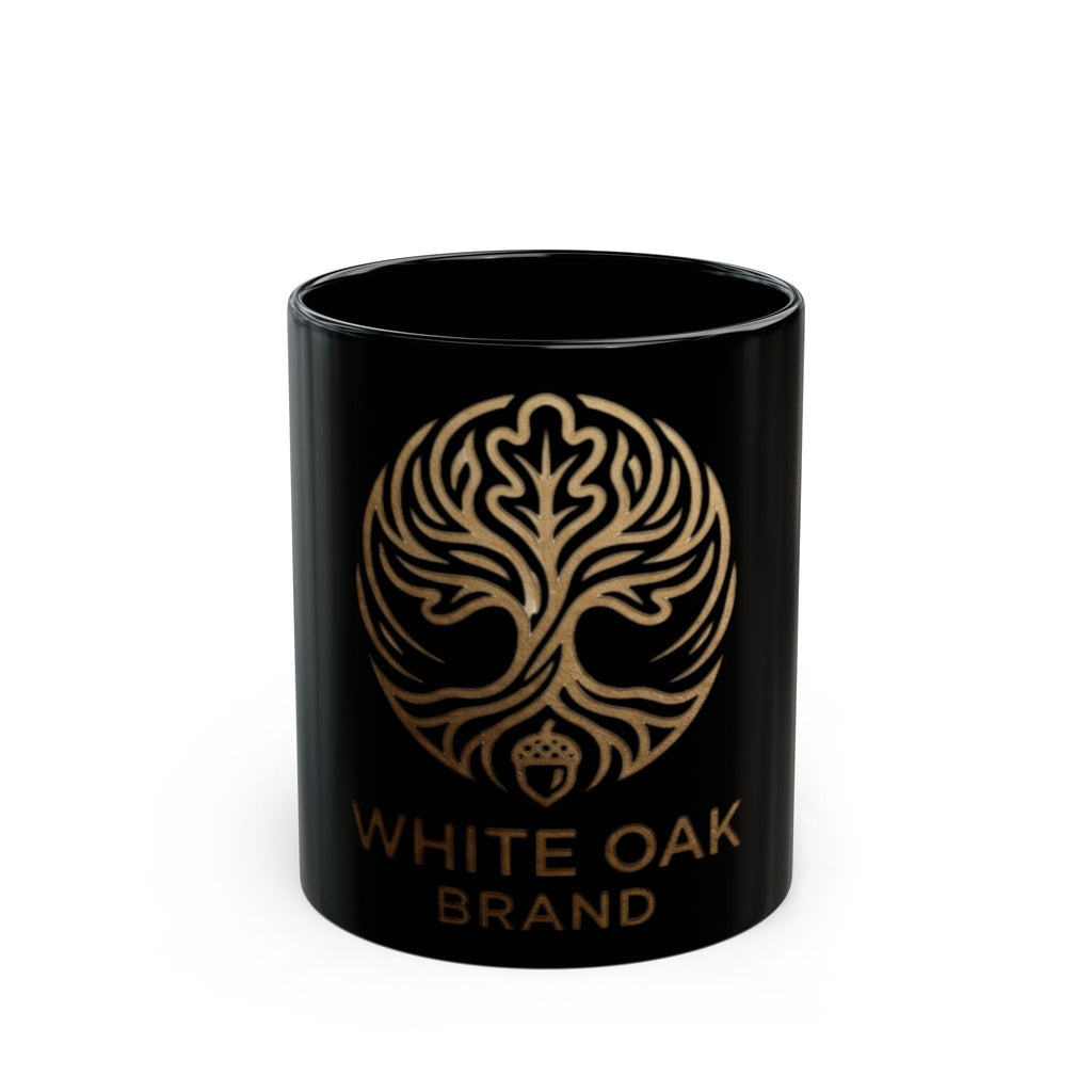 White Oak Brand Black Ceramic Mug — Gold Tree Logo Coffee Cup (11oz, 15oz)