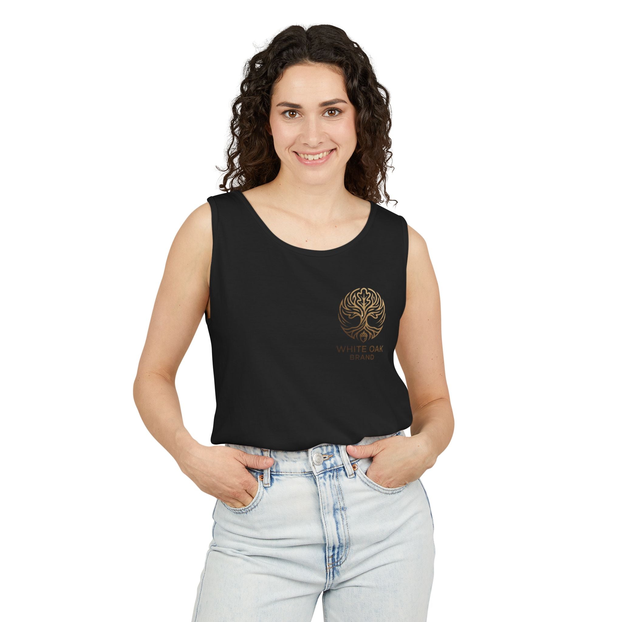 White Oak Brand Tank Top — Minimal Tree Logo Chest Print