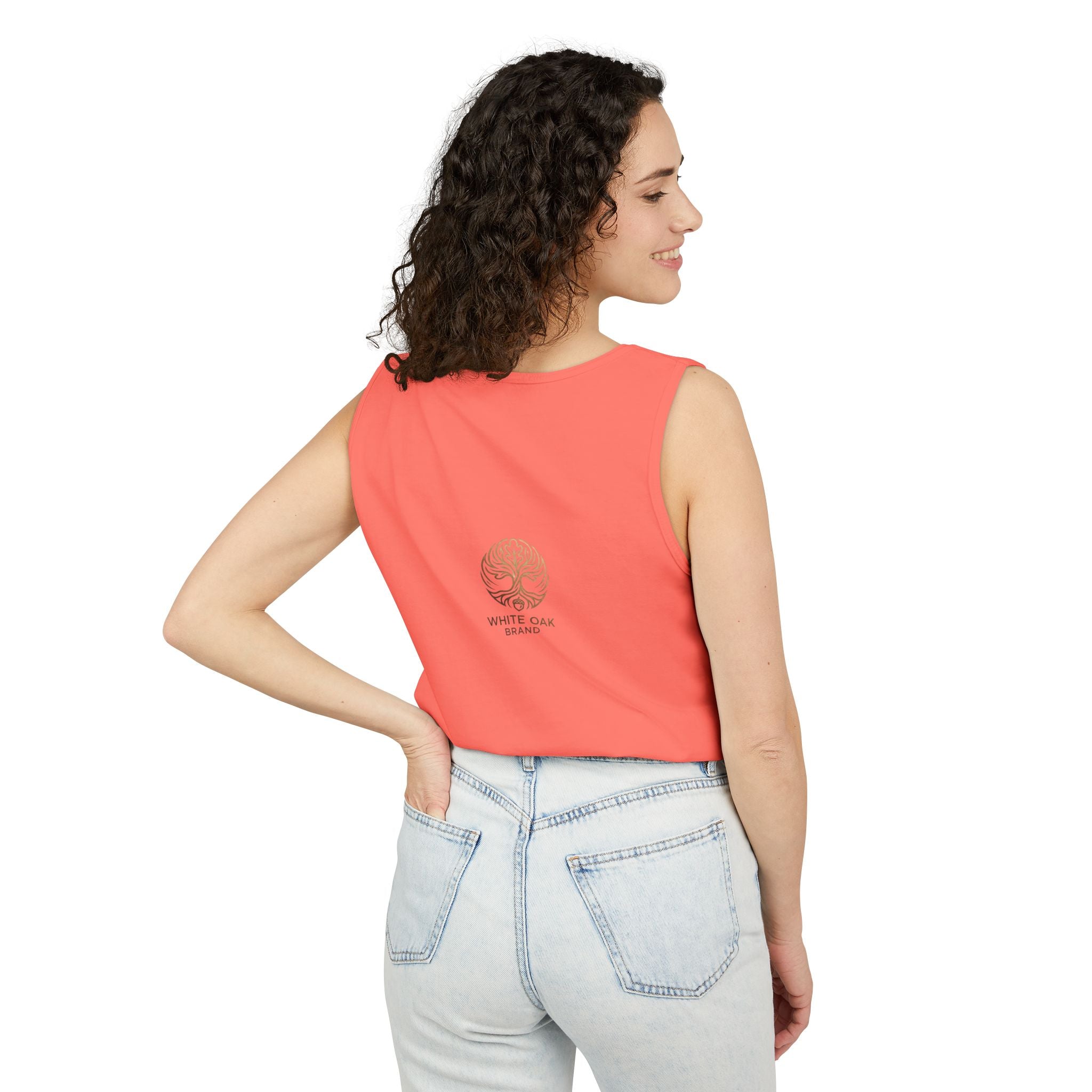 White Oak Brand Tank Top — Minimal Tree Logo Chest Print