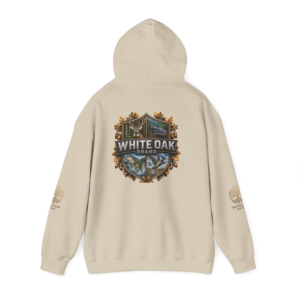 White Oak Brand Hoodie – Nature Logo Pullover with Scenic Back Emblem