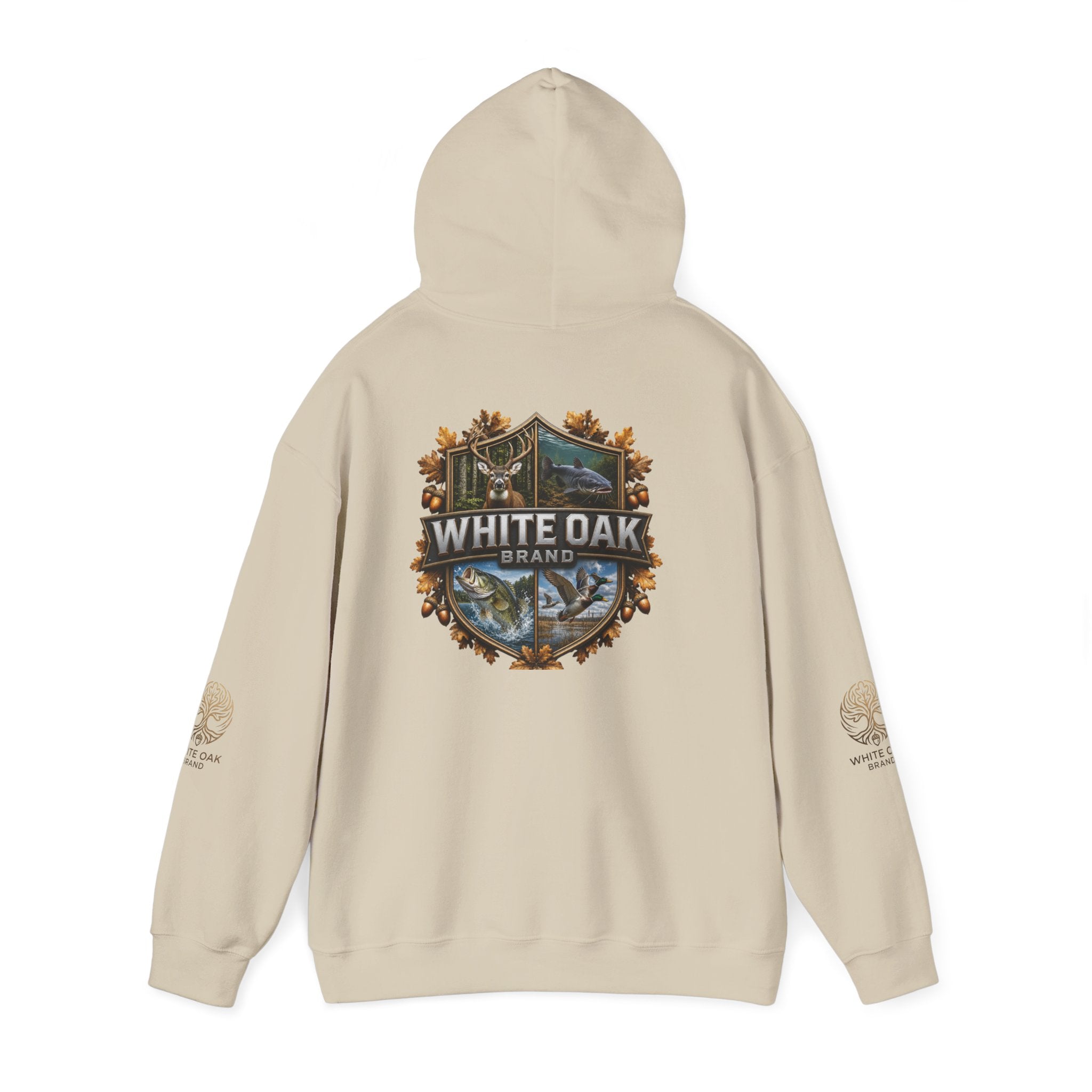 White Oak Brand Hoodie – Nature Logo Pullover with Scenic Back Emblem