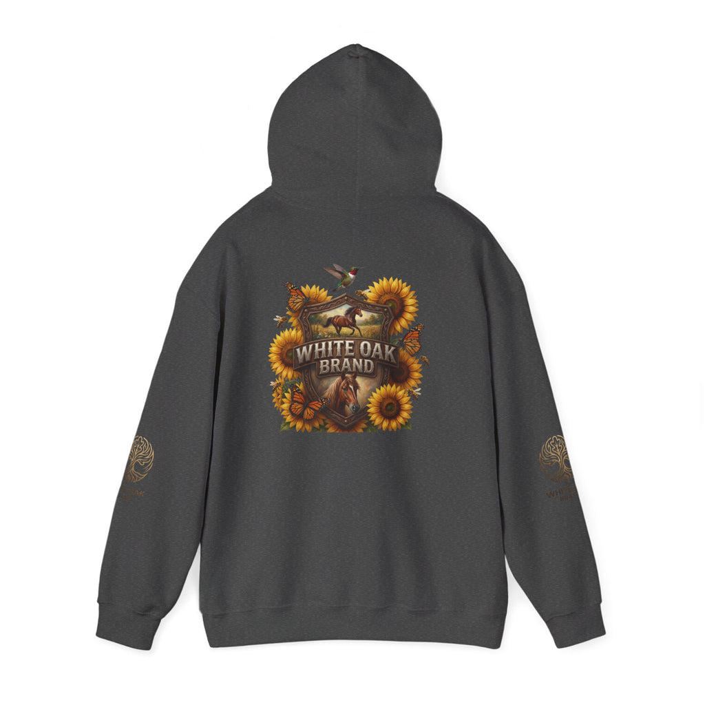 White Oak Brand Hoodie — Sunflowers, Fox & Rustic Nature Graphic