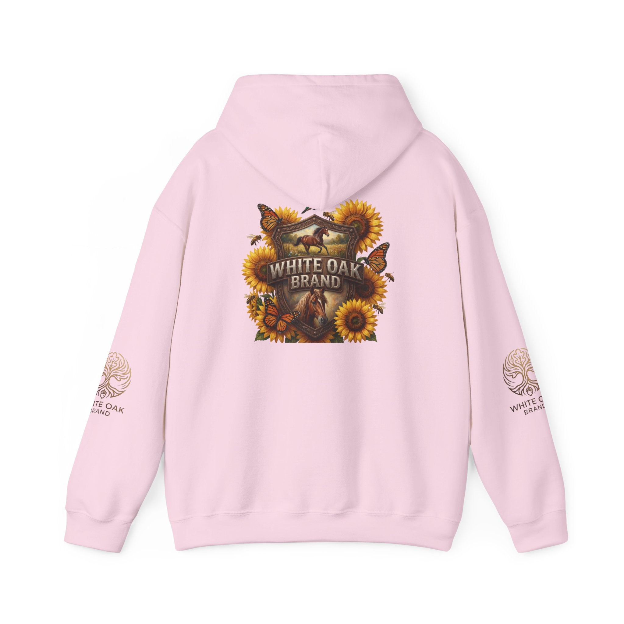 White Oak Brand Hoodie — Sunflowers, Fox & Rustic Nature Graphic