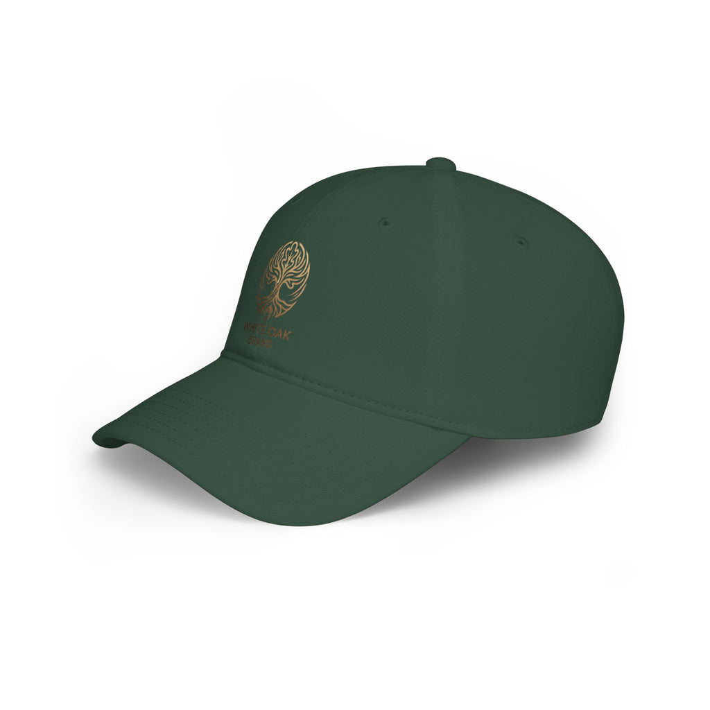 Red Low-Profile Baseball Cap — Gold White Oak Brand Tree Logo