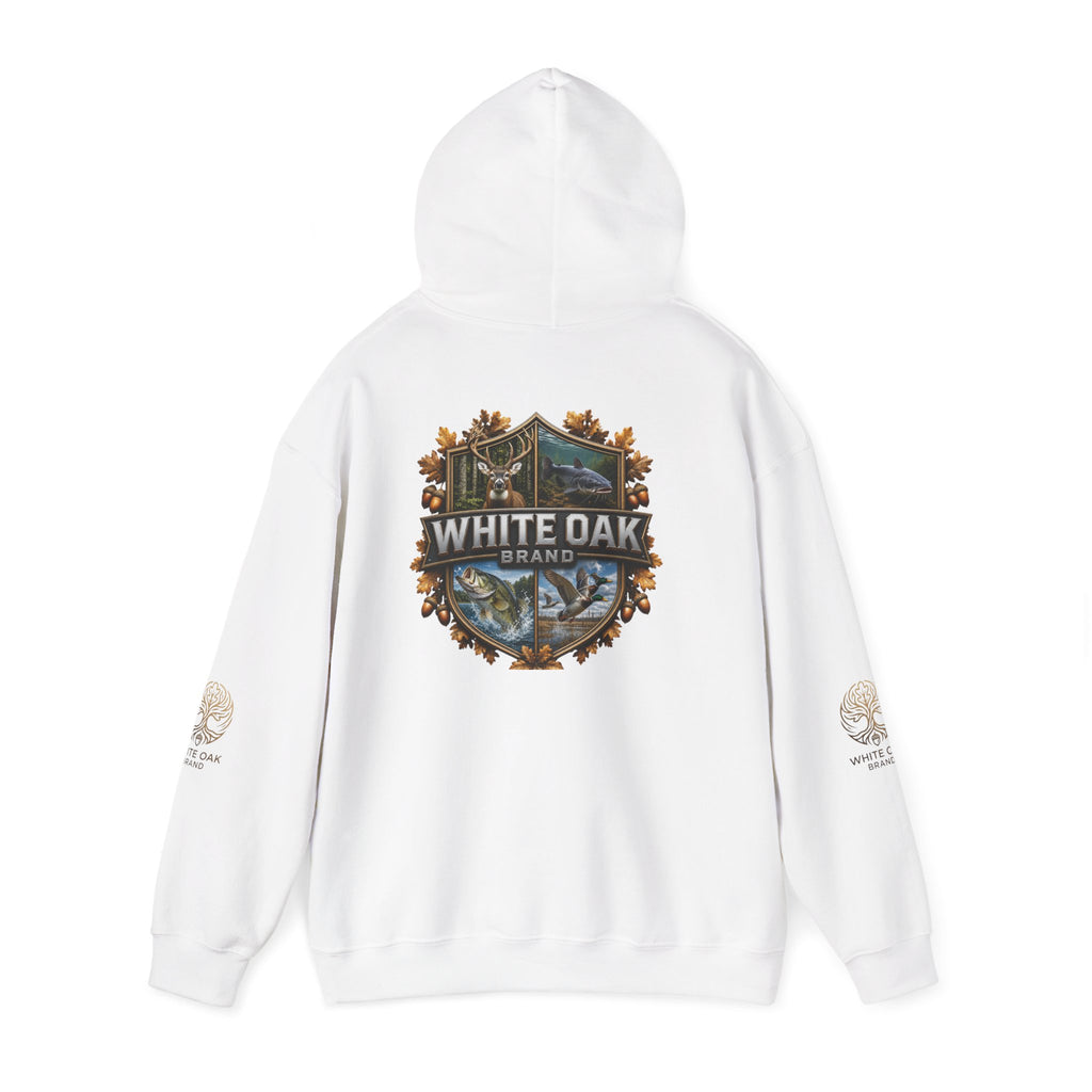 White Oak Brand Hoodie – Nature Logo Pullover with Scenic Back Emblem