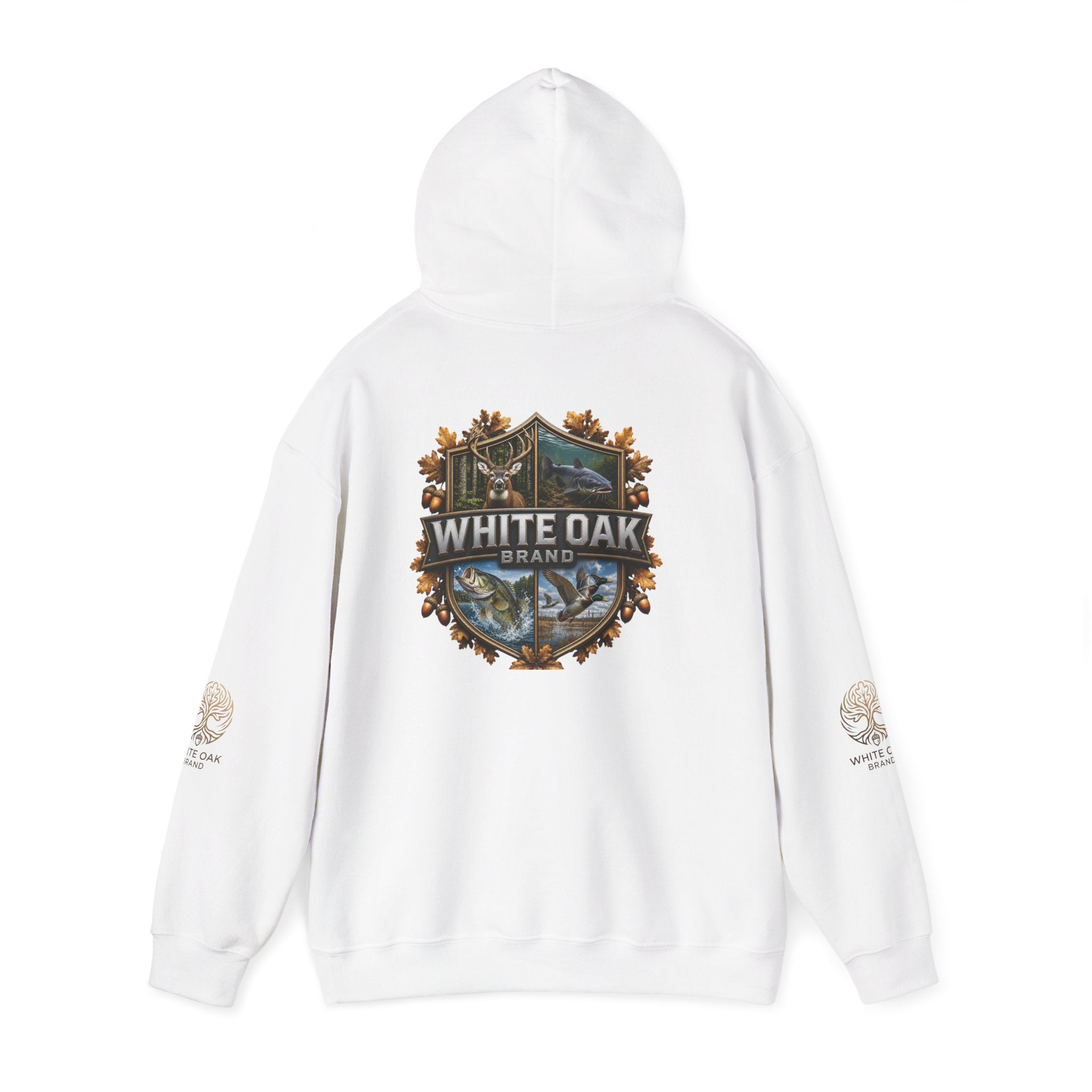 White Oak Brand Hoodie – Nature Logo Pullover with Scenic Back Emblem