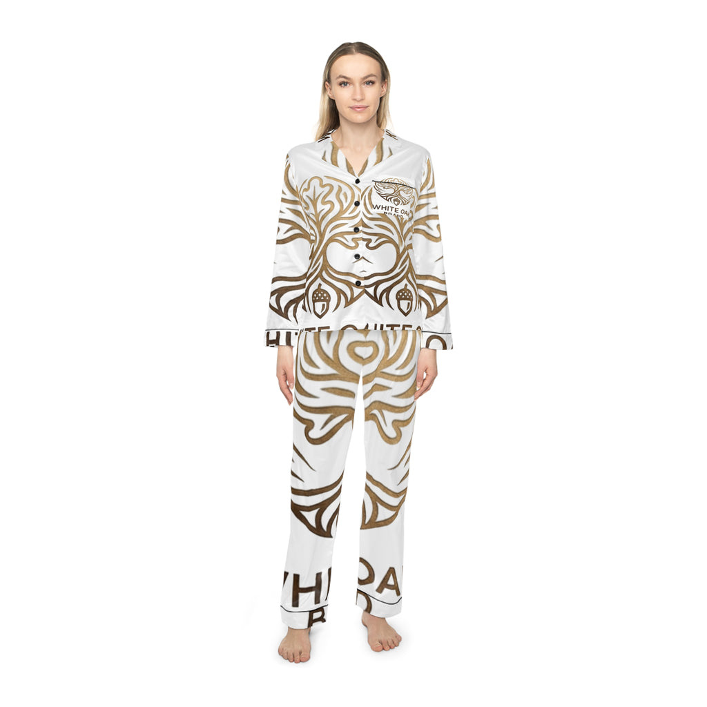 White Oak Brand Satin Pajama Set — Luxury Women's Sleepwear with Gold Oak Motif