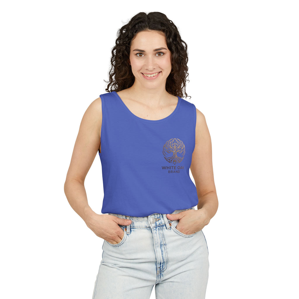 White Oak Brand Tank Top — Minimal Tree Logo Chest Print