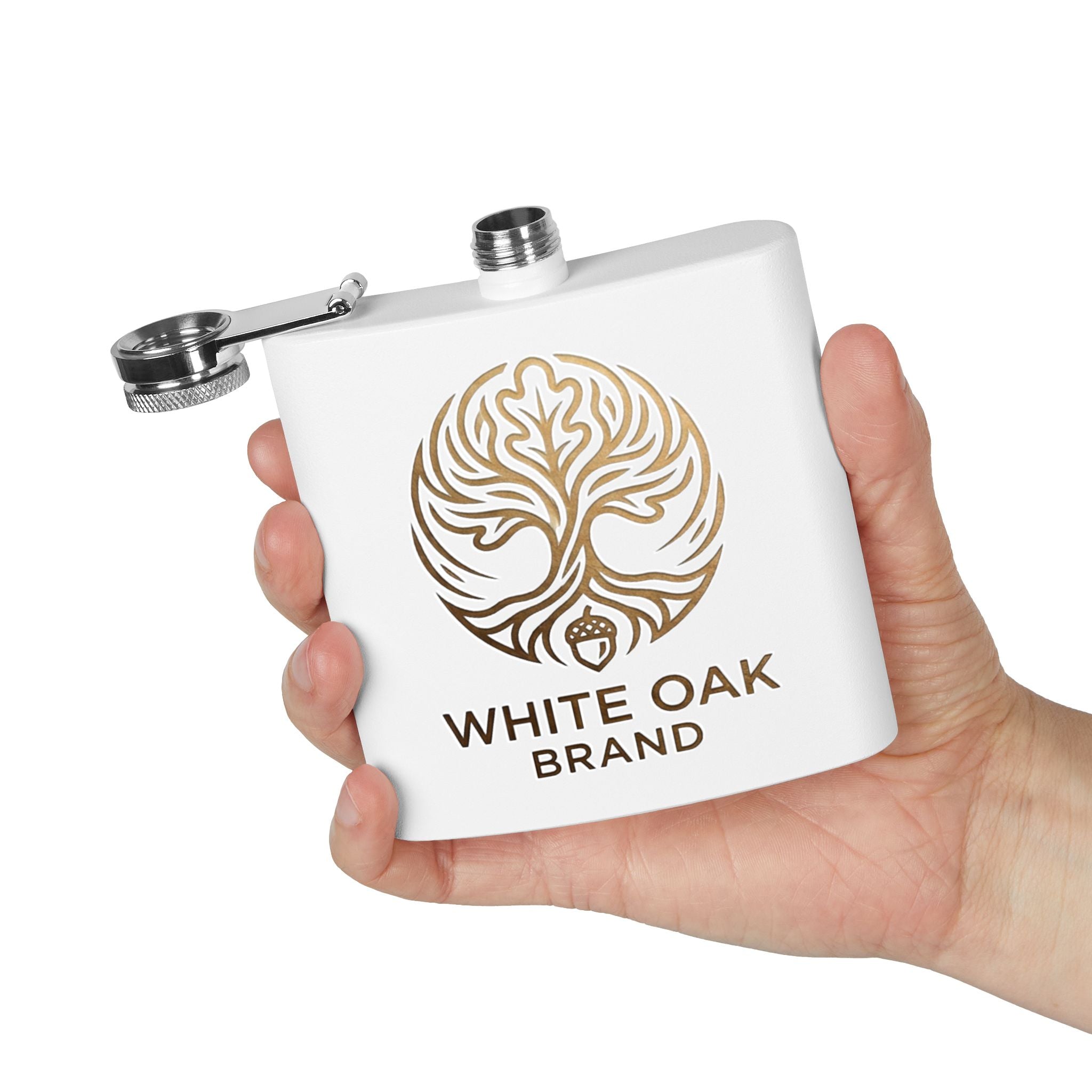 White Oak Brand 6oz Stainless Steel Flask — Engraved Oak Logo Hip Flask, Gift for Groomsmen & Outdoor Enthusiasts