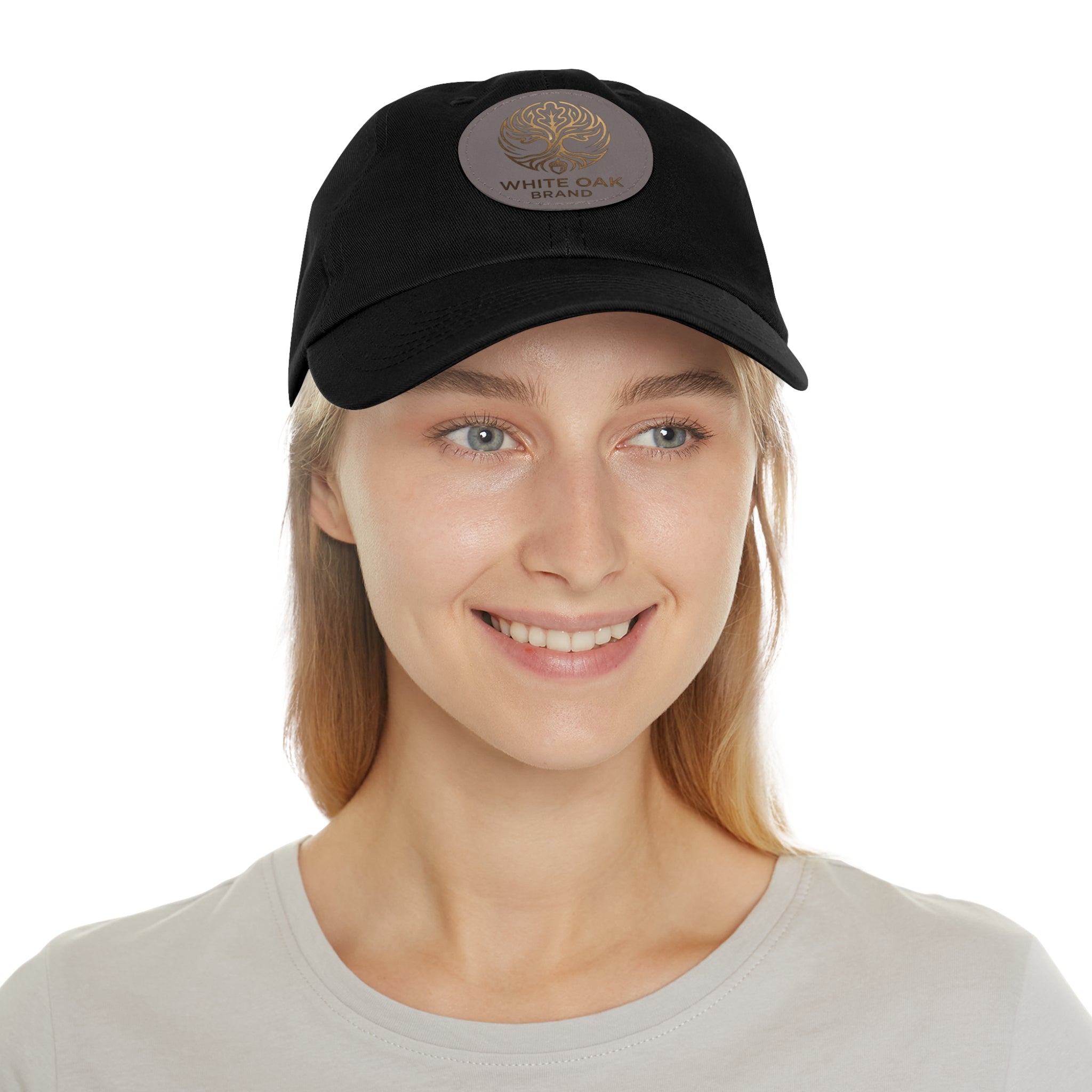 White Oak Leather Patch Dad Hat — Embossed Tree Logo Cap