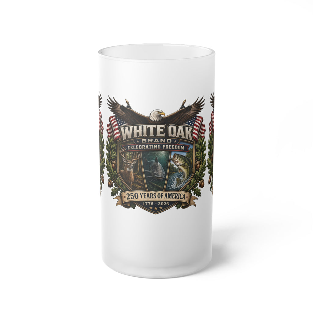 Frosted Glass Beer Mug — White Oak 250 Years of America Patriotic Eagle Design