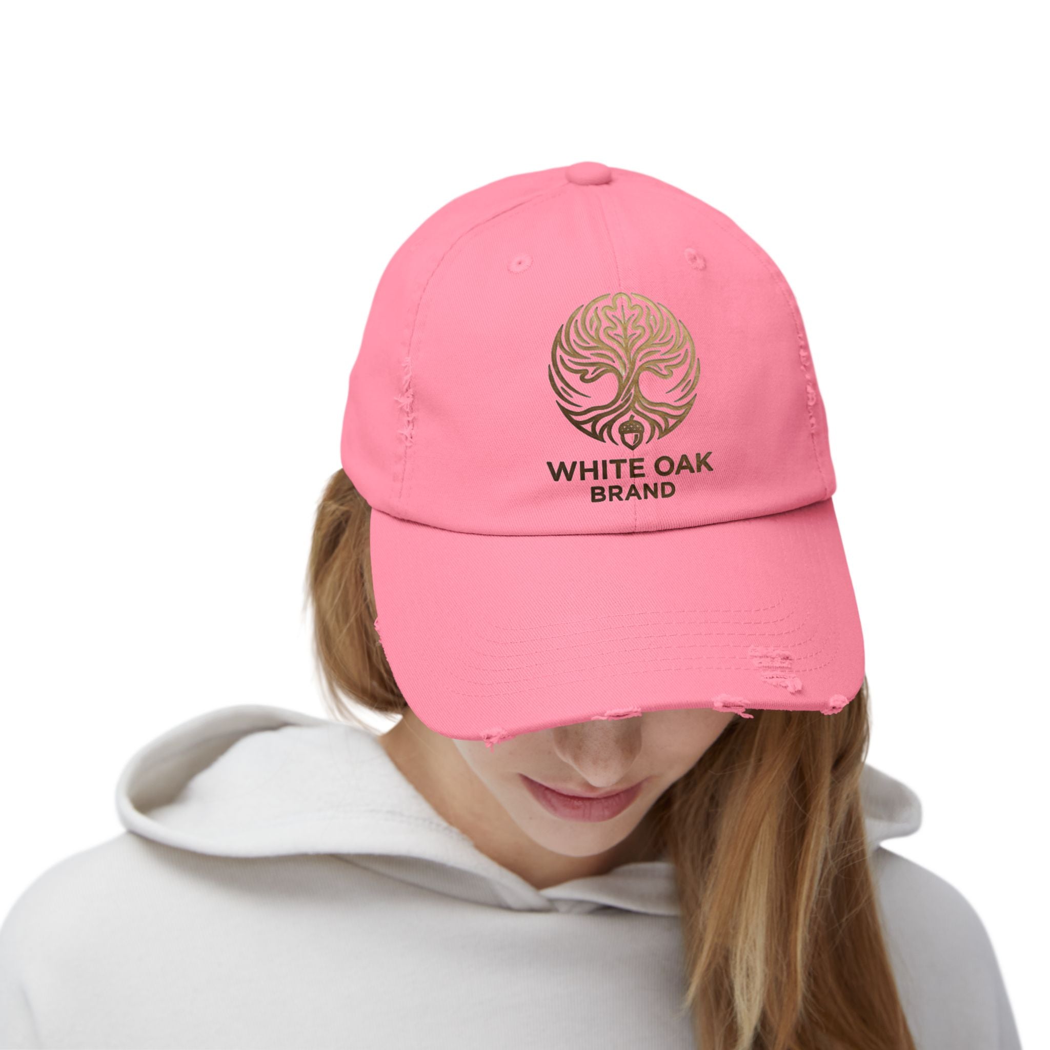 White Oak Distressed Cap — Rustic Gold Tree Logo Baseball Hat
