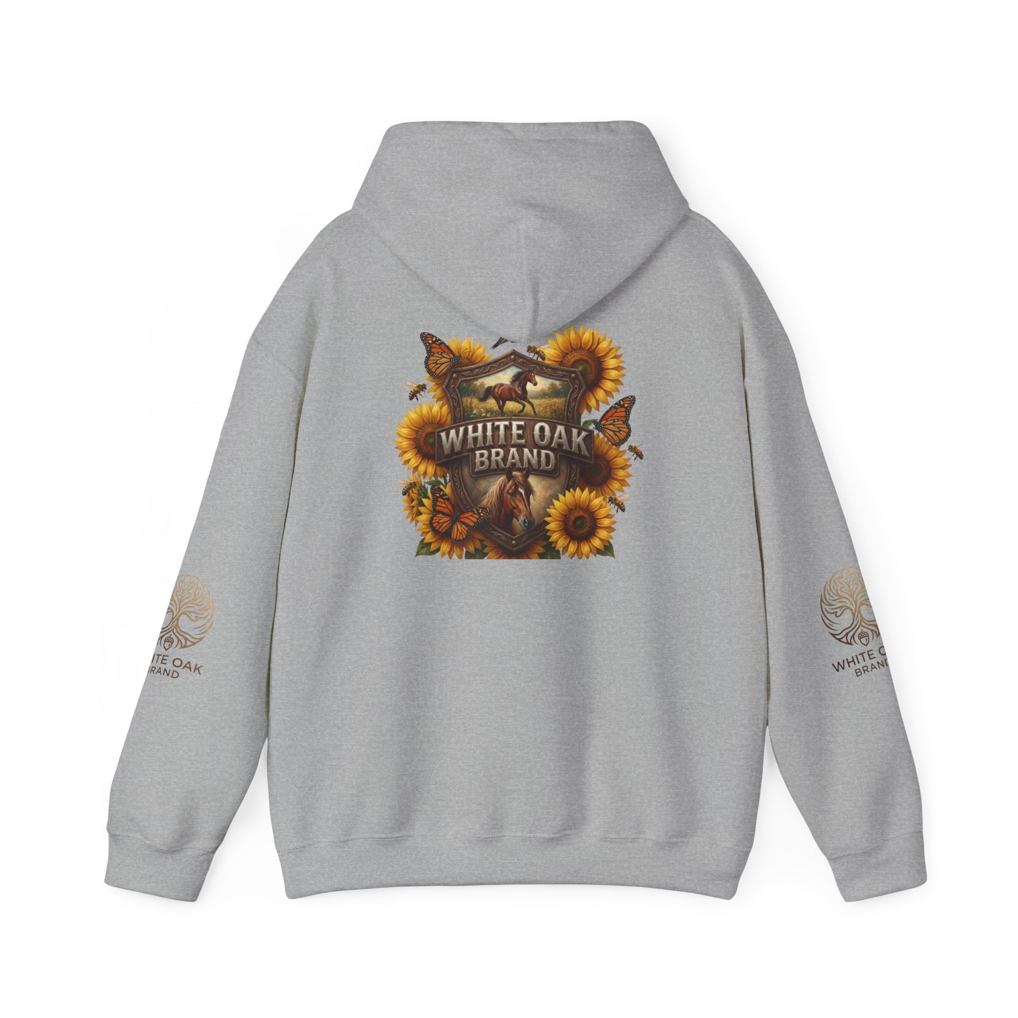 White Oak Brand Hoodie — Sunflowers, Fox & Rustic Nature Graphic