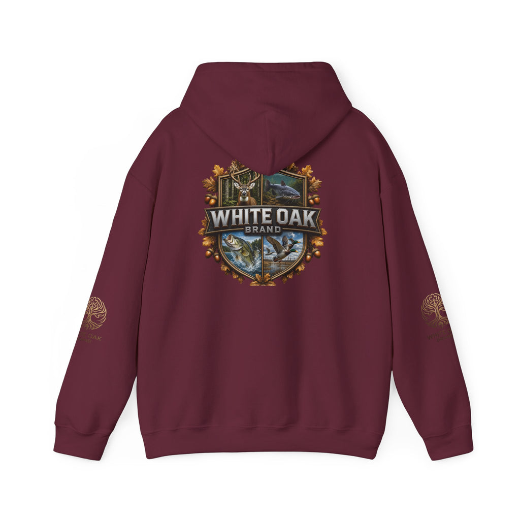 White Oak Brand Hoodie – Nature Logo Pullover with Scenic Back Emblem