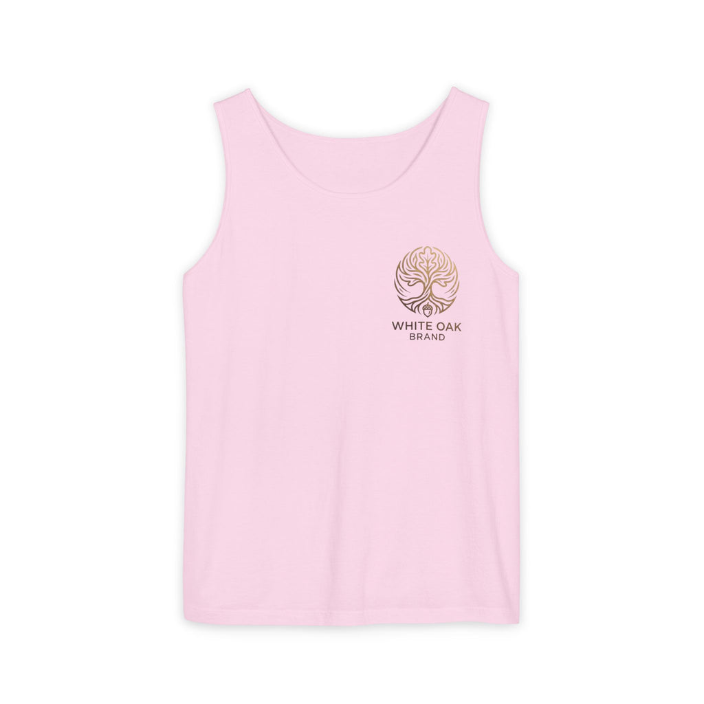 White Oak Brand Tank Top — Minimal Tree Logo Chest Print