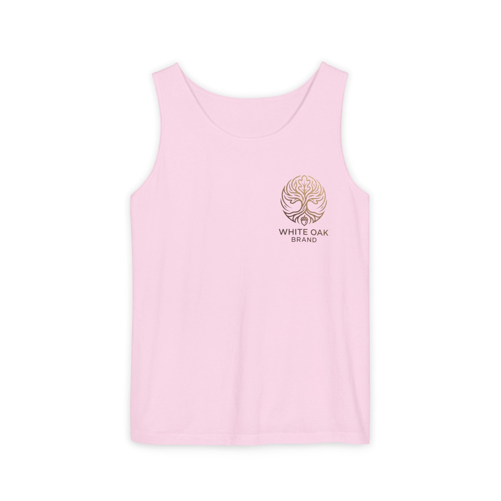White Oak Brand Tank Top — Minimal Tree Logo Chest Print