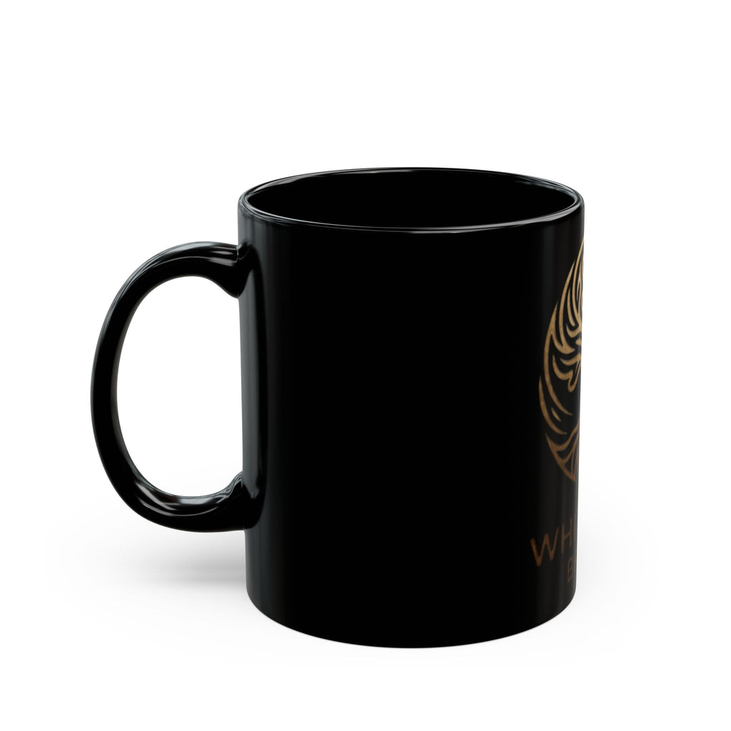 White Oak Brand Black Ceramic Mug — Gold Tree Logo Coffee Cup (11oz, 15oz)