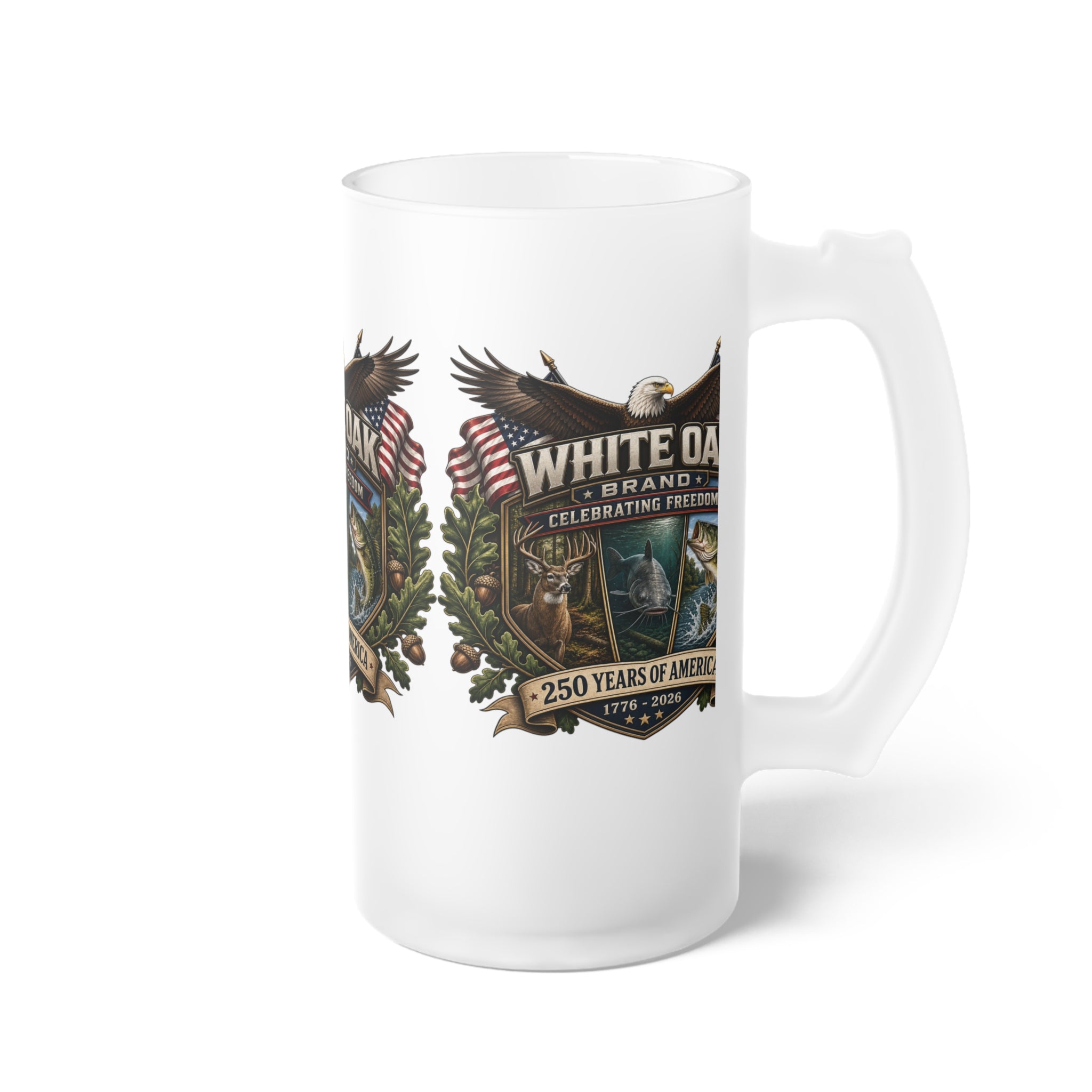 Frosted Glass Beer Mug — White Oak 250 Years of America Patriotic Eagle Design