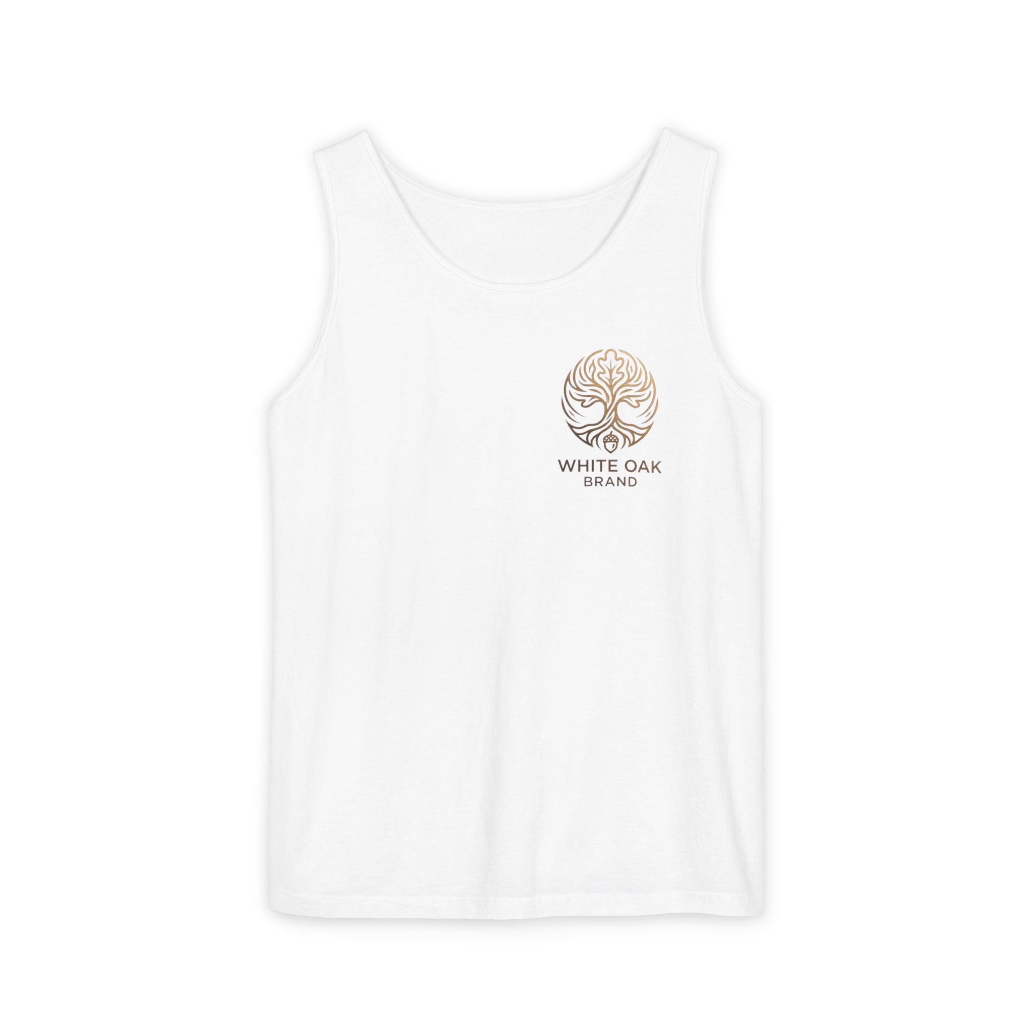 White Oak Brand Tank Top — Minimal Tree Logo Chest Print