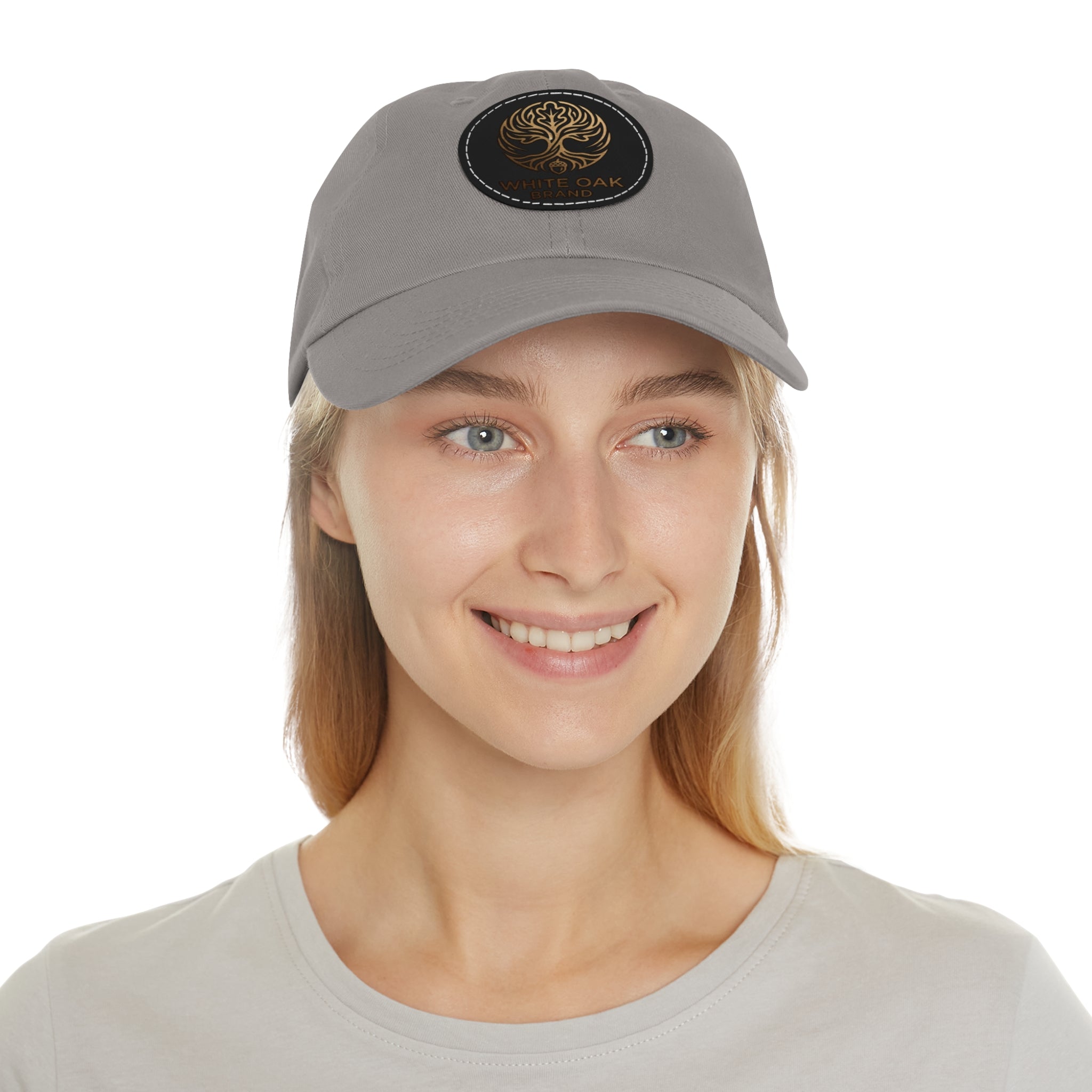 White Oak Leather Patch Dad Hat — Embossed Tree Logo Cap
