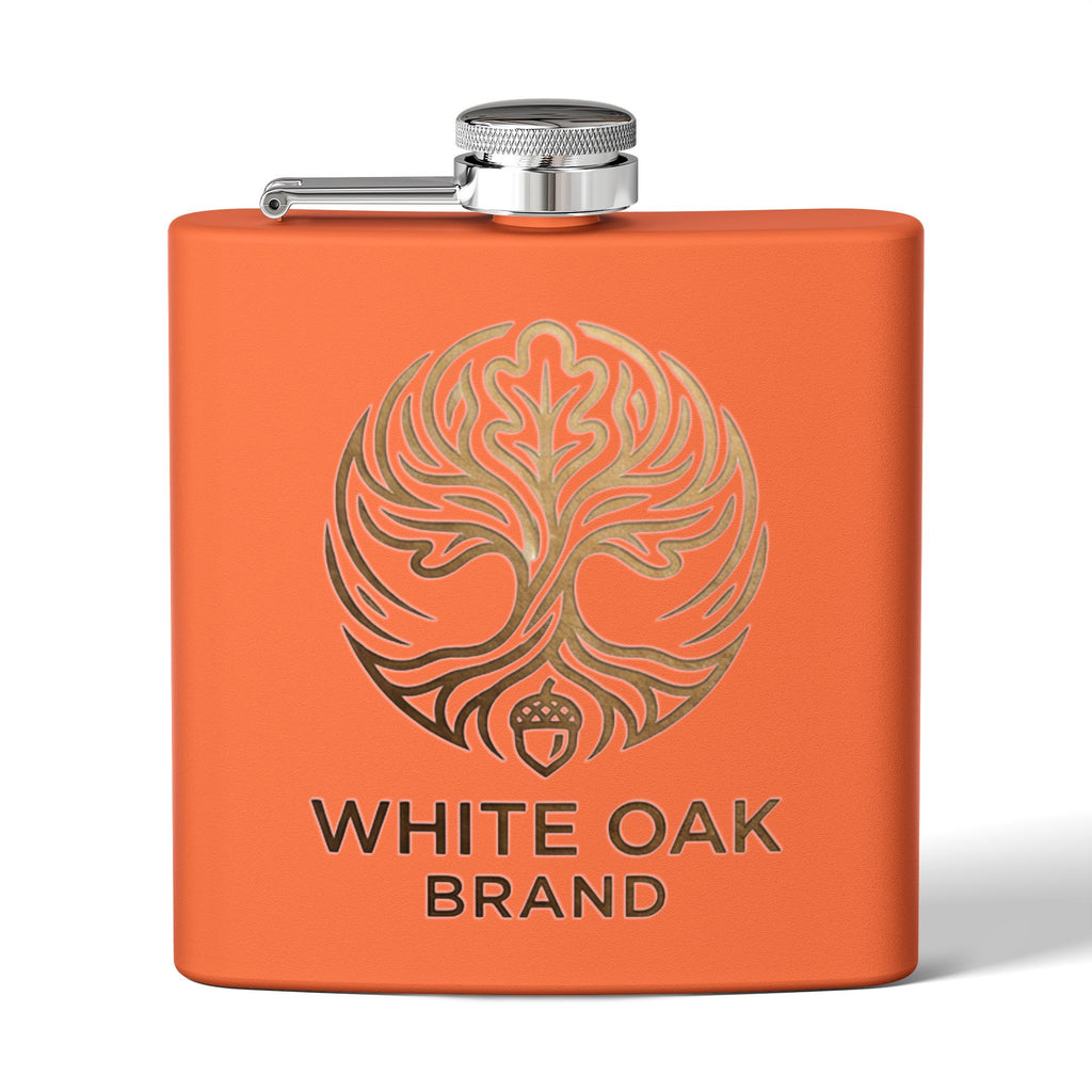 White Oak Brand 6oz Stainless Steel Flask — Engraved Oak Logo Hip Flask, Gift for Groomsmen & Outdoor Enthusiasts