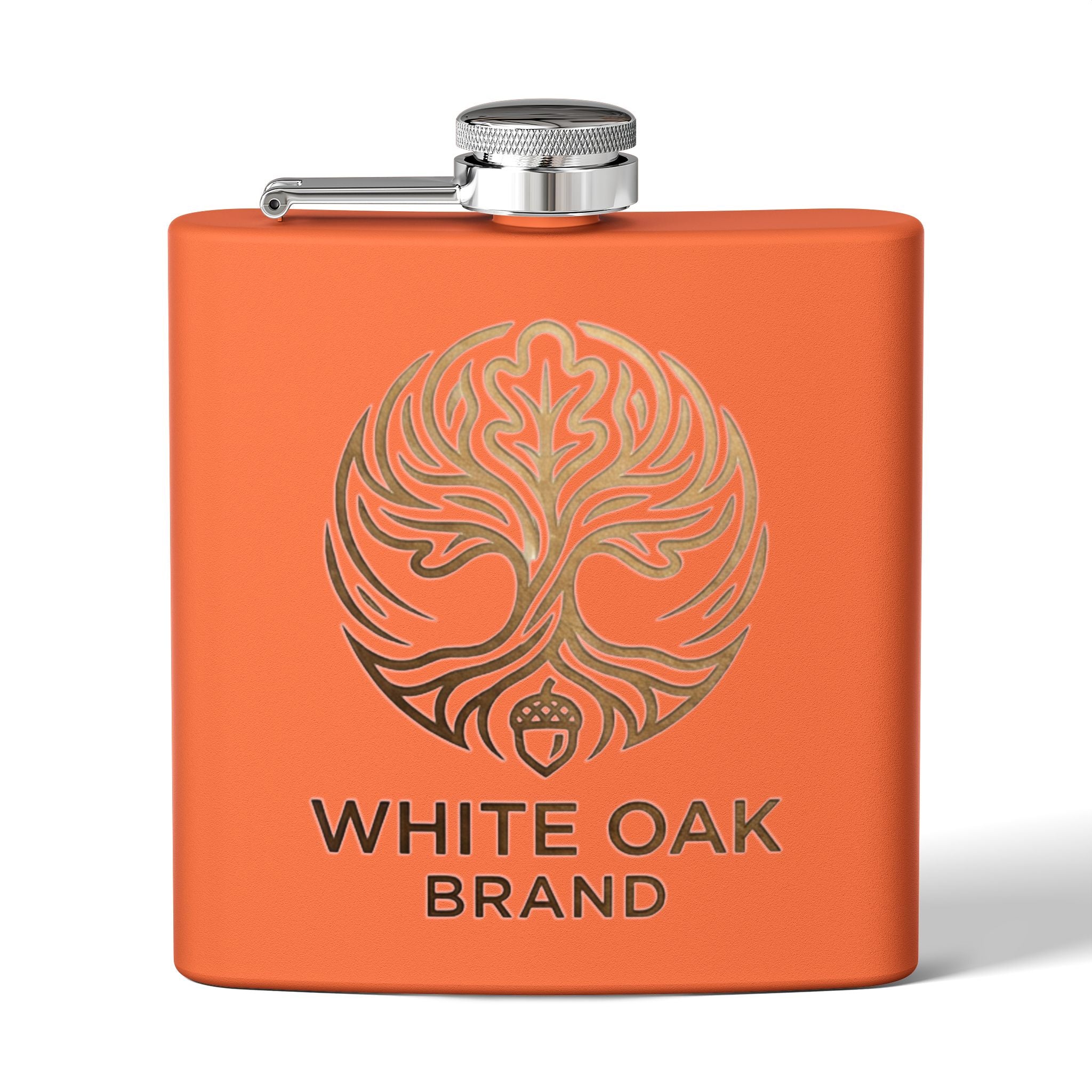 White Oak Brand 6oz Stainless Steel Flask — Engraved Oak Logo Hip Flask, Gift for Groomsmen & Outdoor Enthusiasts