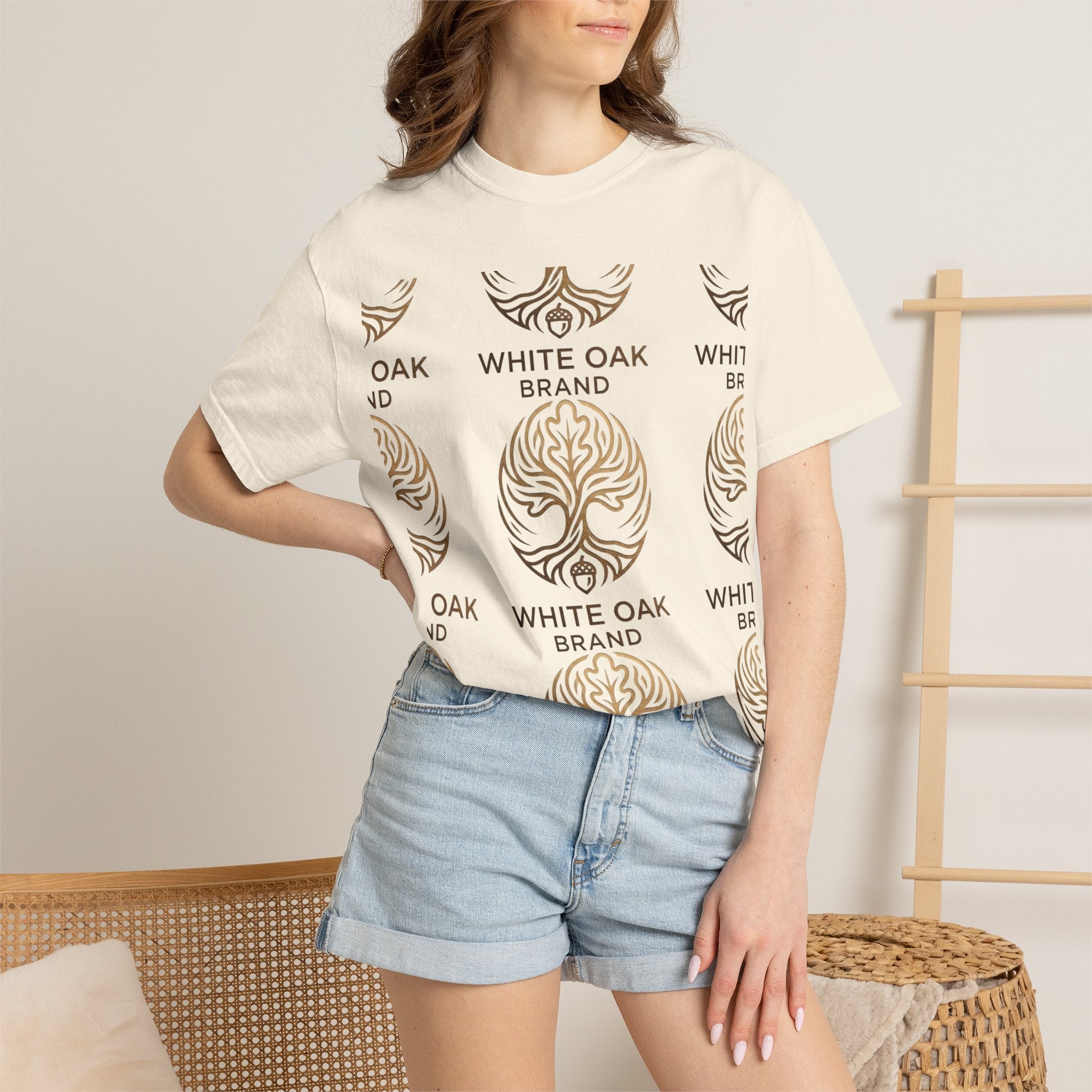 White Oak Brand Logo T-Shirt — Repeated Tree Emblem Tee