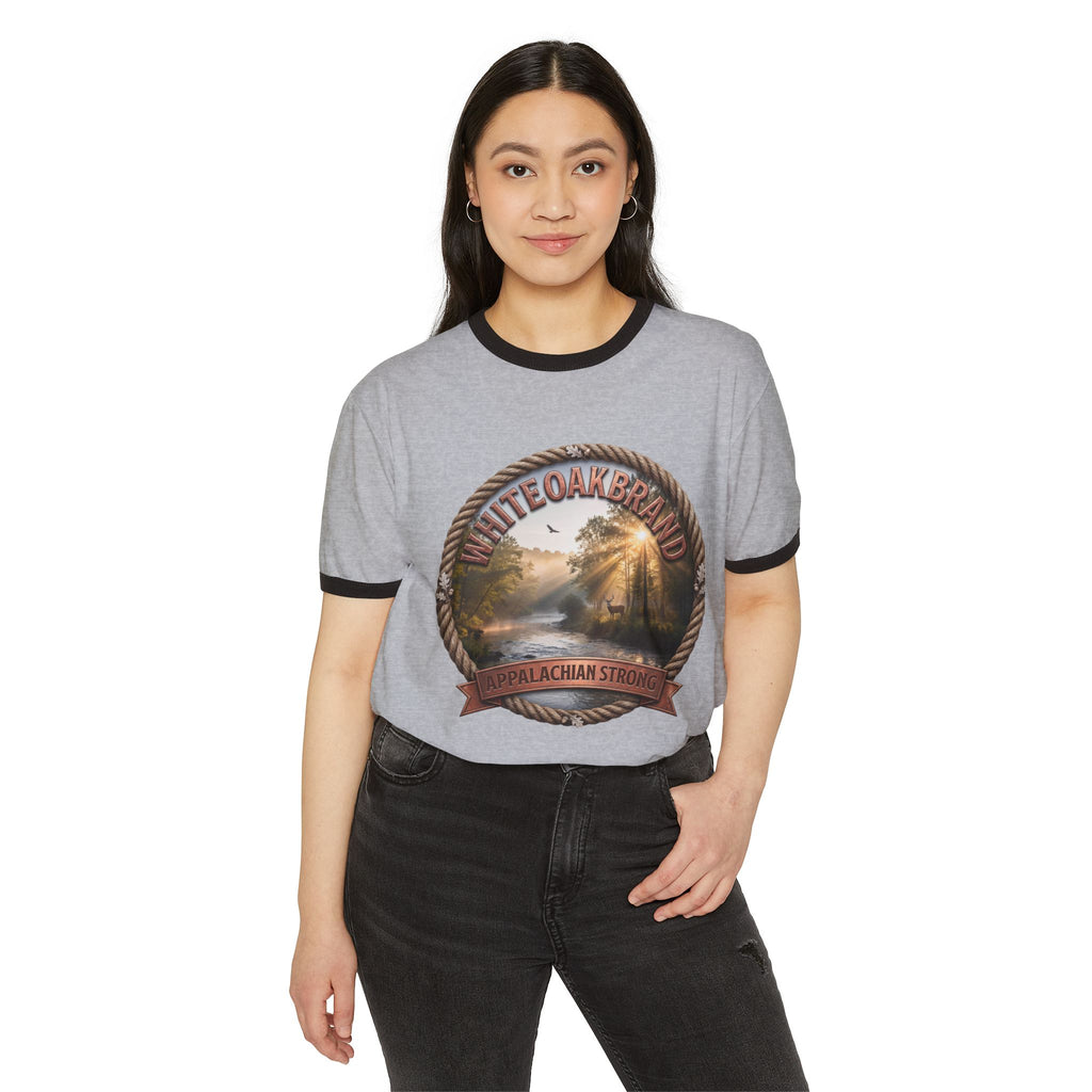 Vintage White Oak Brand Ringer Tee — Woodland Scenic Logo T‑Shirt