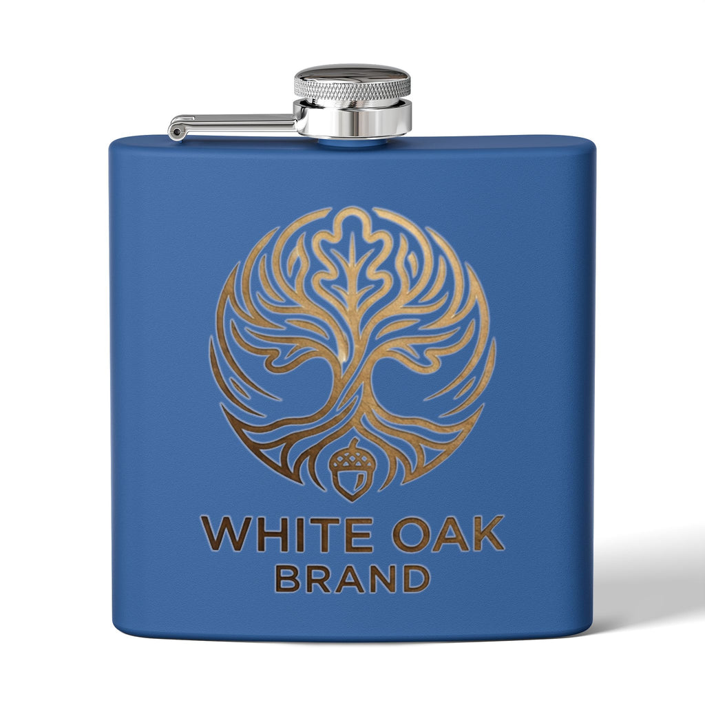 White Oak Brand 6oz Stainless Steel Flask — Engraved Oak Logo Hip Flask, Gift for Groomsmen & Outdoor Enthusiasts