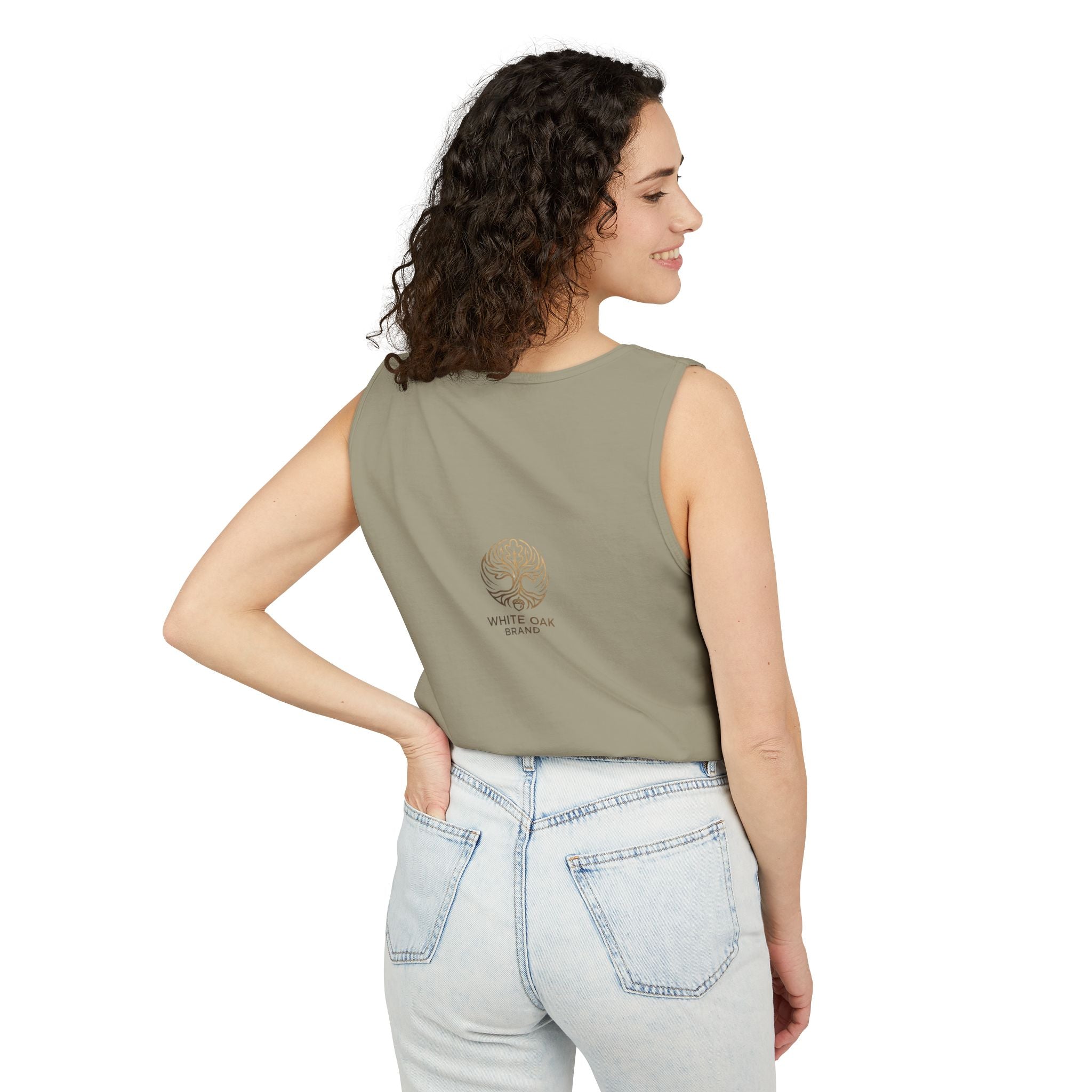 White Oak Brand Tank Top — Minimal Tree Logo Chest Print