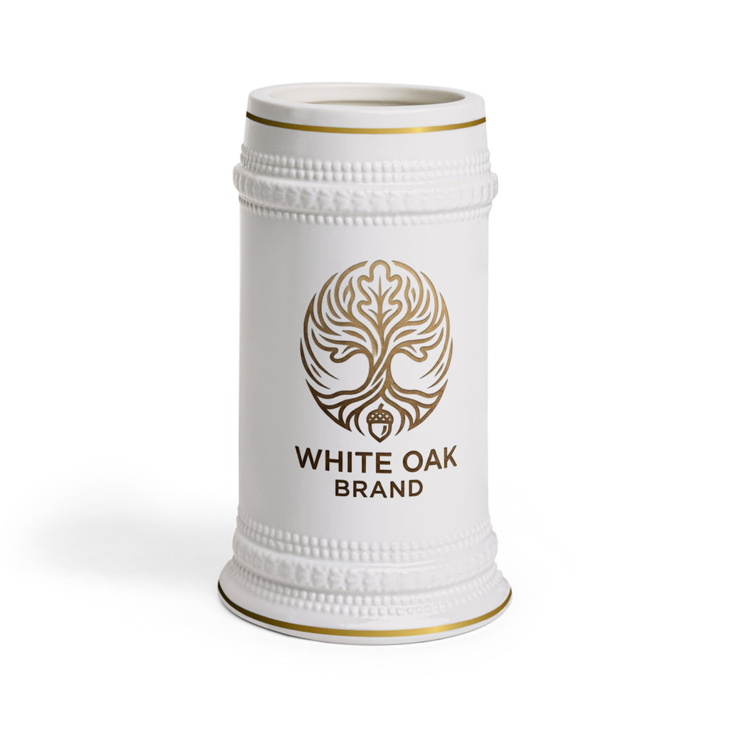 White Oak Brand Ceramic Beer Stein Mug — Gold Accent Logo Pint