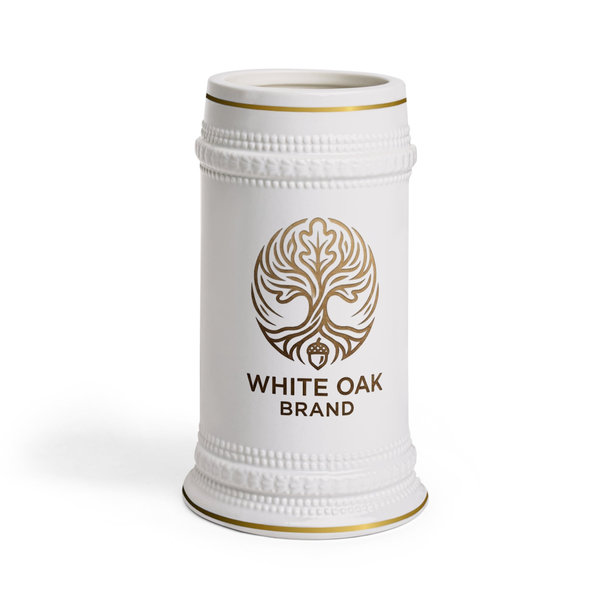 White Oak Brand Ceramic Beer Stein Mug — Gold Accent Logo Pint