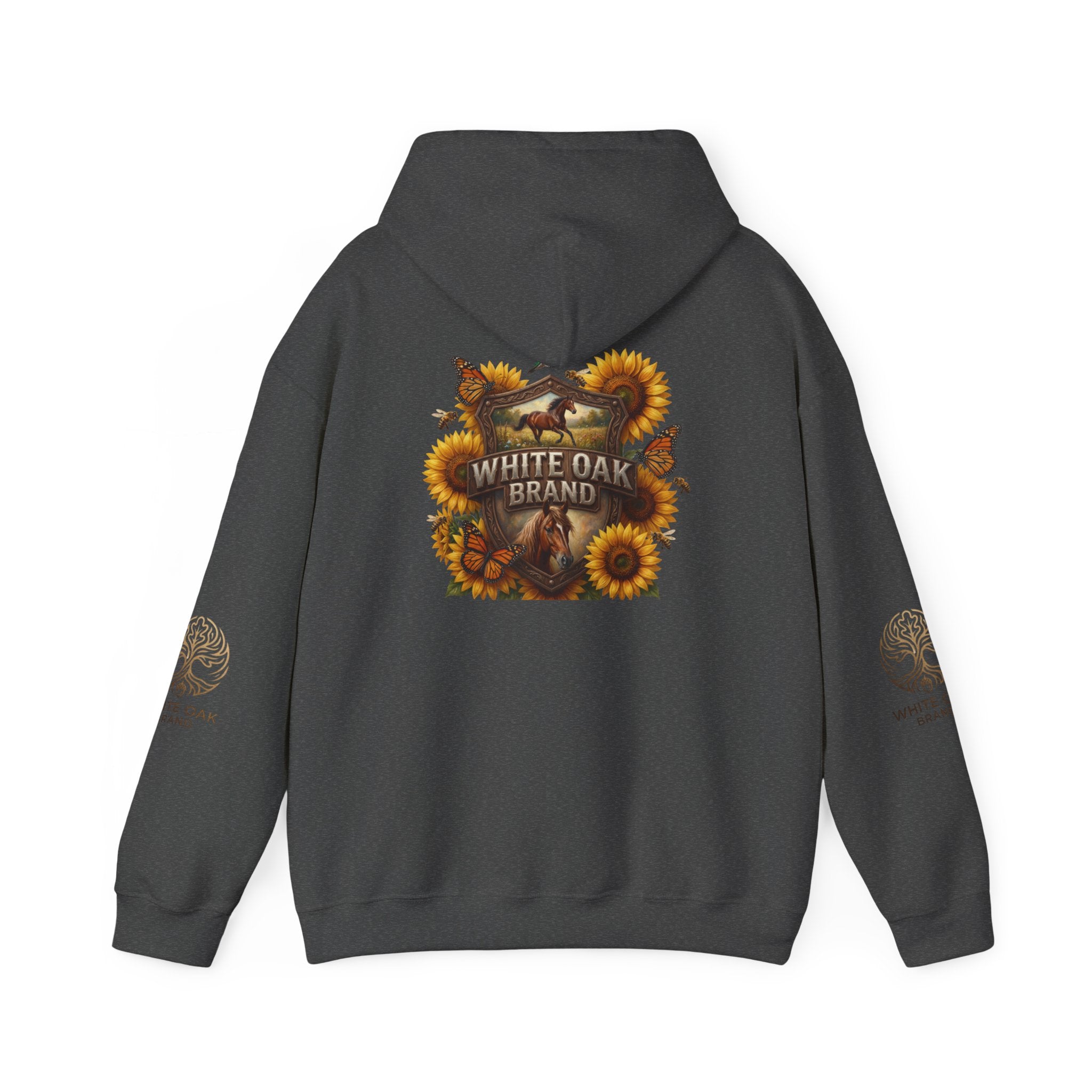 White Oak Brand Hoodie — Sunflowers, Fox & Rustic Nature Graphic