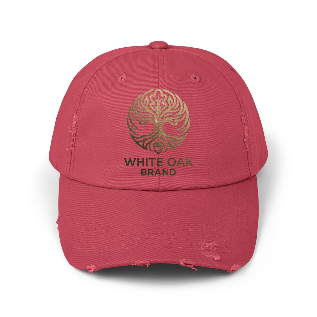 White Oak Distressed Cap — Rustic Gold Tree Logo Baseball Hat